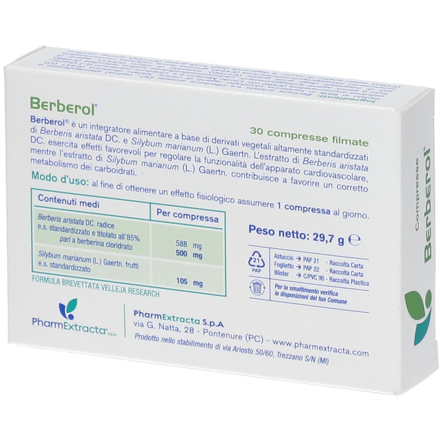 Retro della confezione di Berberol®. Contiene informazioni su ingredienti, uso e produttore.