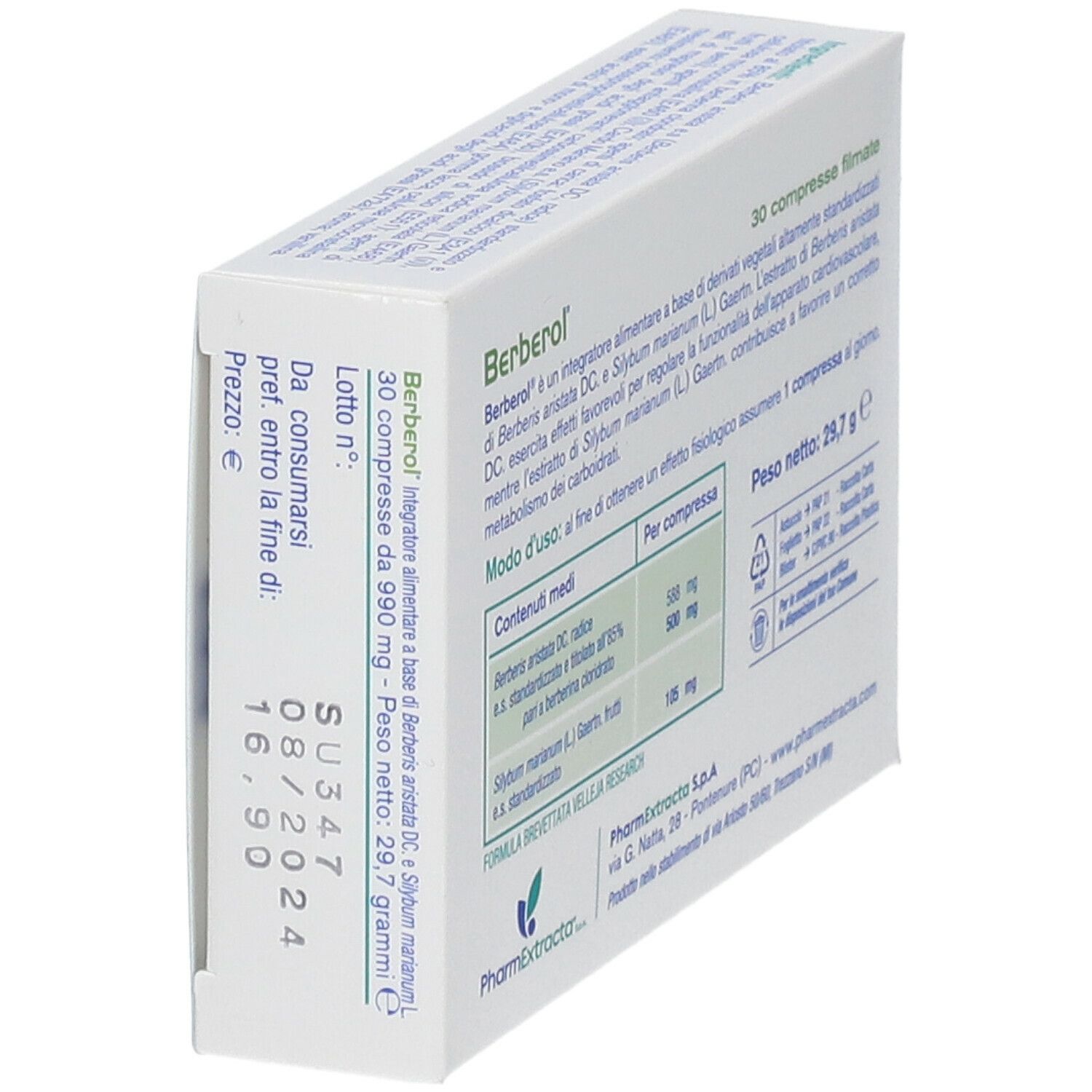 Retro della confezione di Berberol®. Contiene informazioni su ingredienti, uso e produttore.