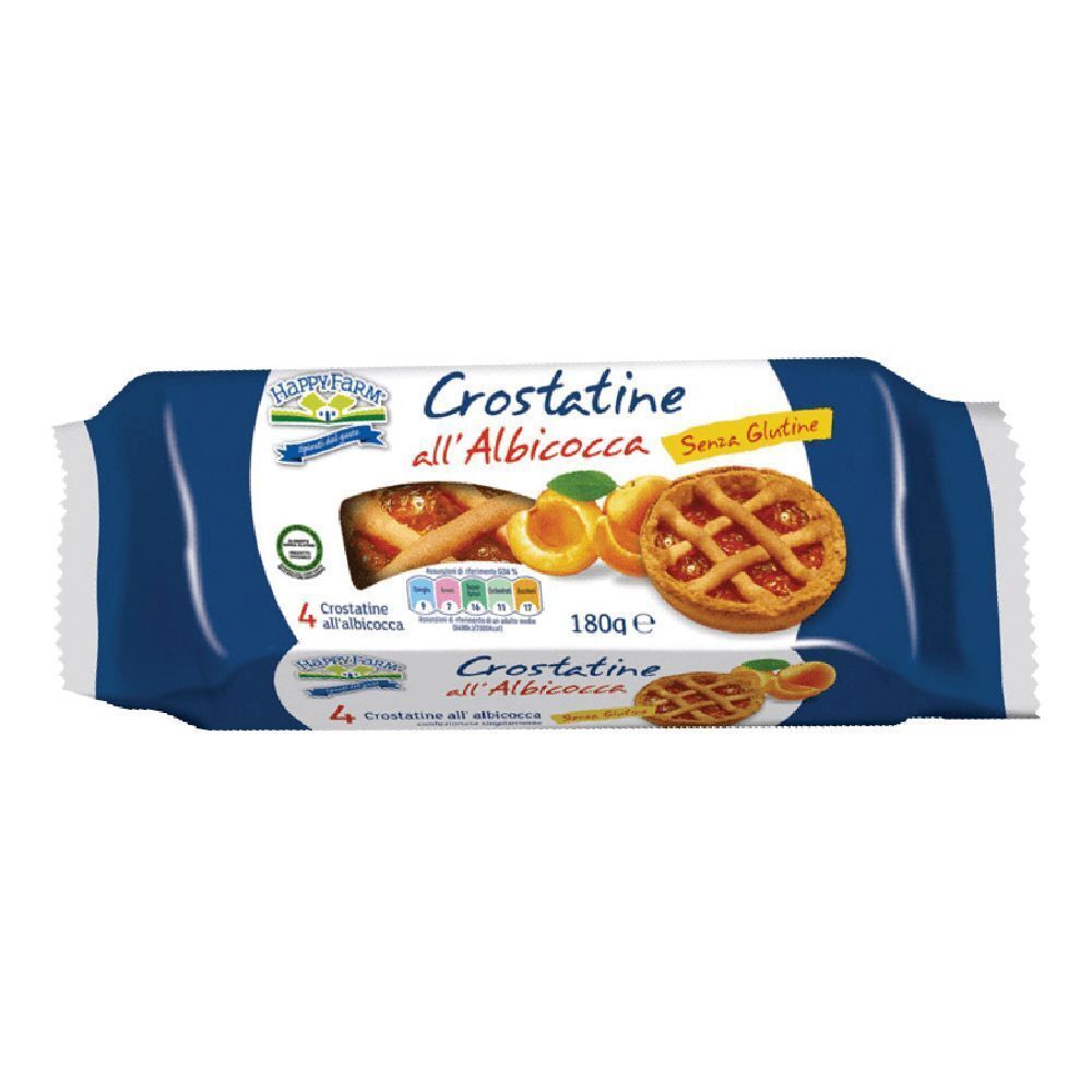 Confezione di Crostatine all'Albicocca senza glutine. Confezione blu con immagini e testo del prodotto.