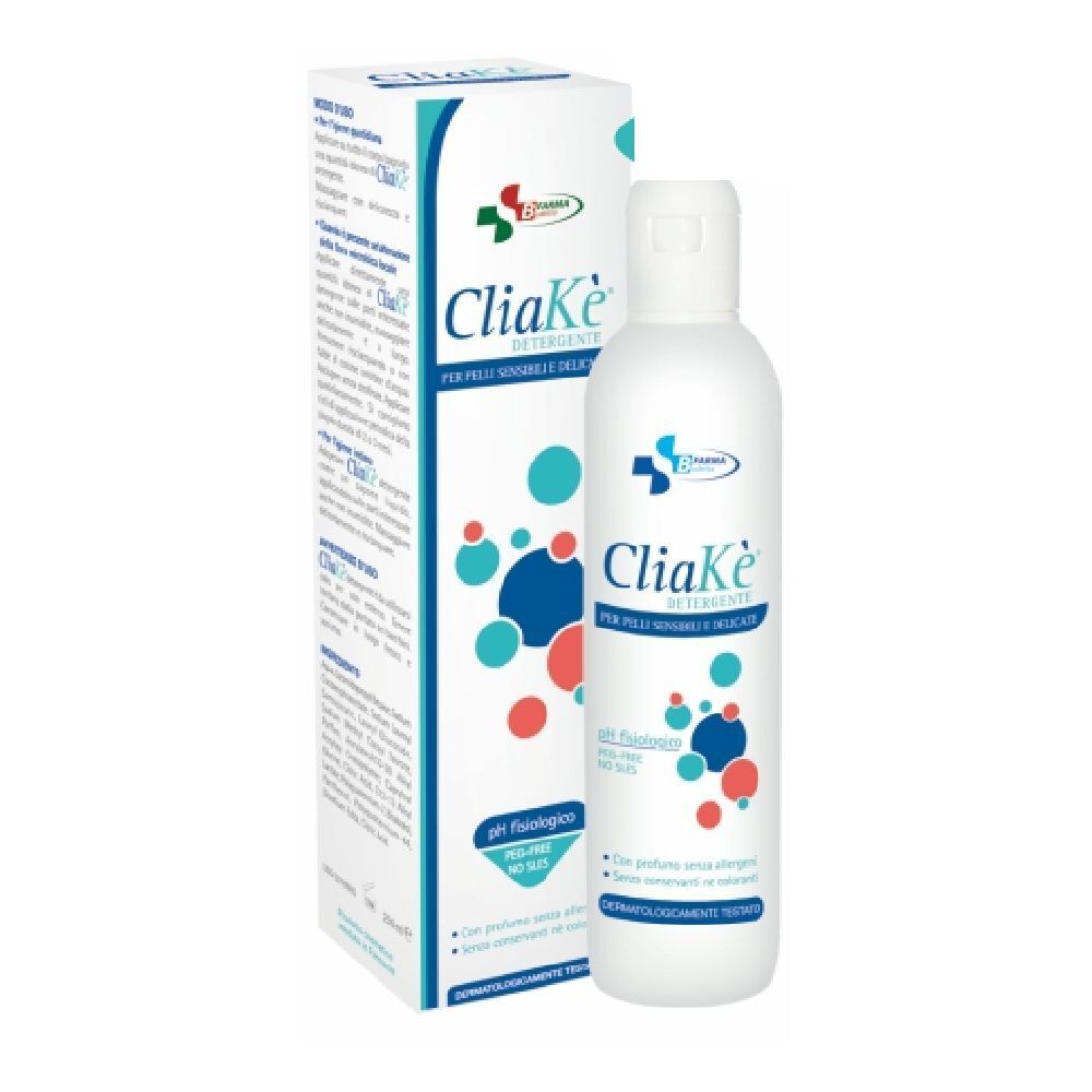 Flacone e scatola bianchi con Cliake. Cerchi blu, rossi e verdi. Testo: Per pelli normali e delicate.