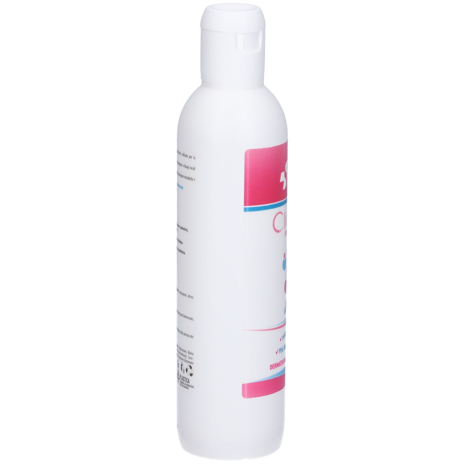 Flacone bianco con Cliake. Striscia rosa con testo. Flacone con tappo a ribalta.