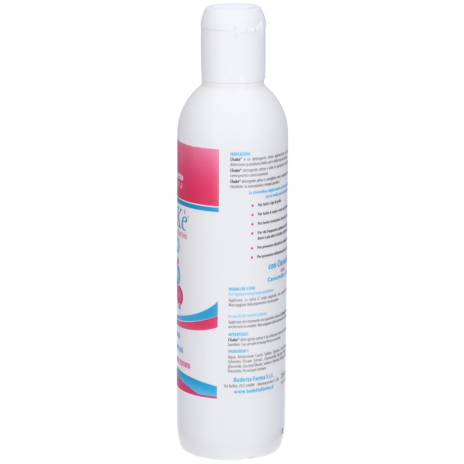 Flacone bianco con Cliake. Striscia rosa con testo. Flacone con tappo a ribalta.