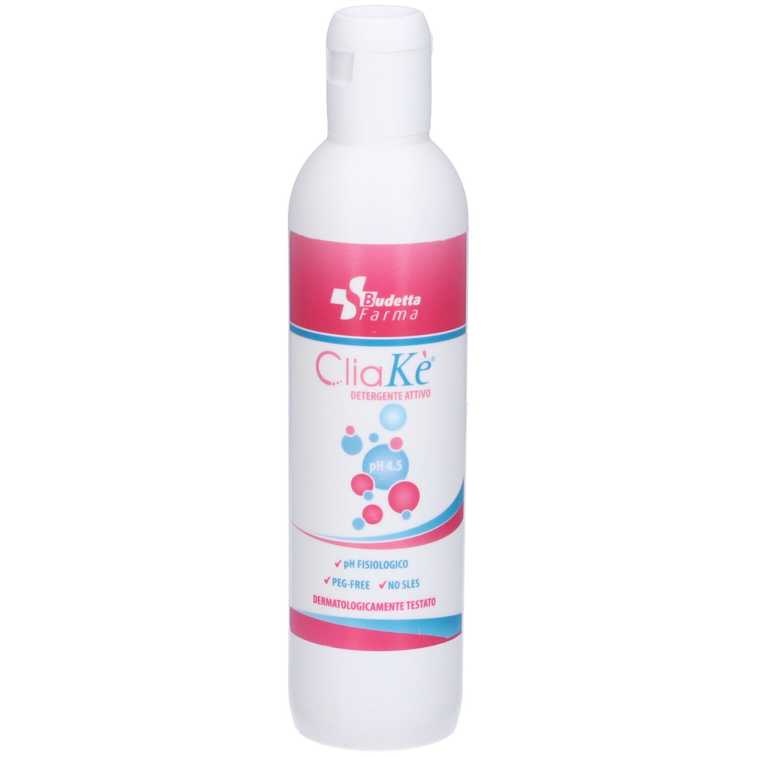 Flacone bianco con Cliake. Striscia rosa con testo. Flacone con tappo a ribalta.