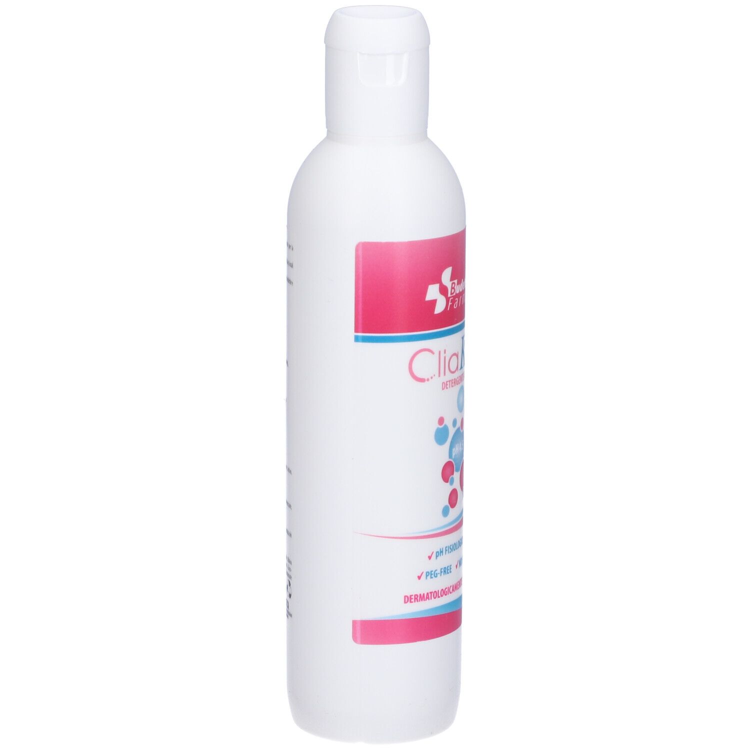 Flacone bianco con Cliake. Striscia rosa con testo. Flacone con tappo a ribalta.