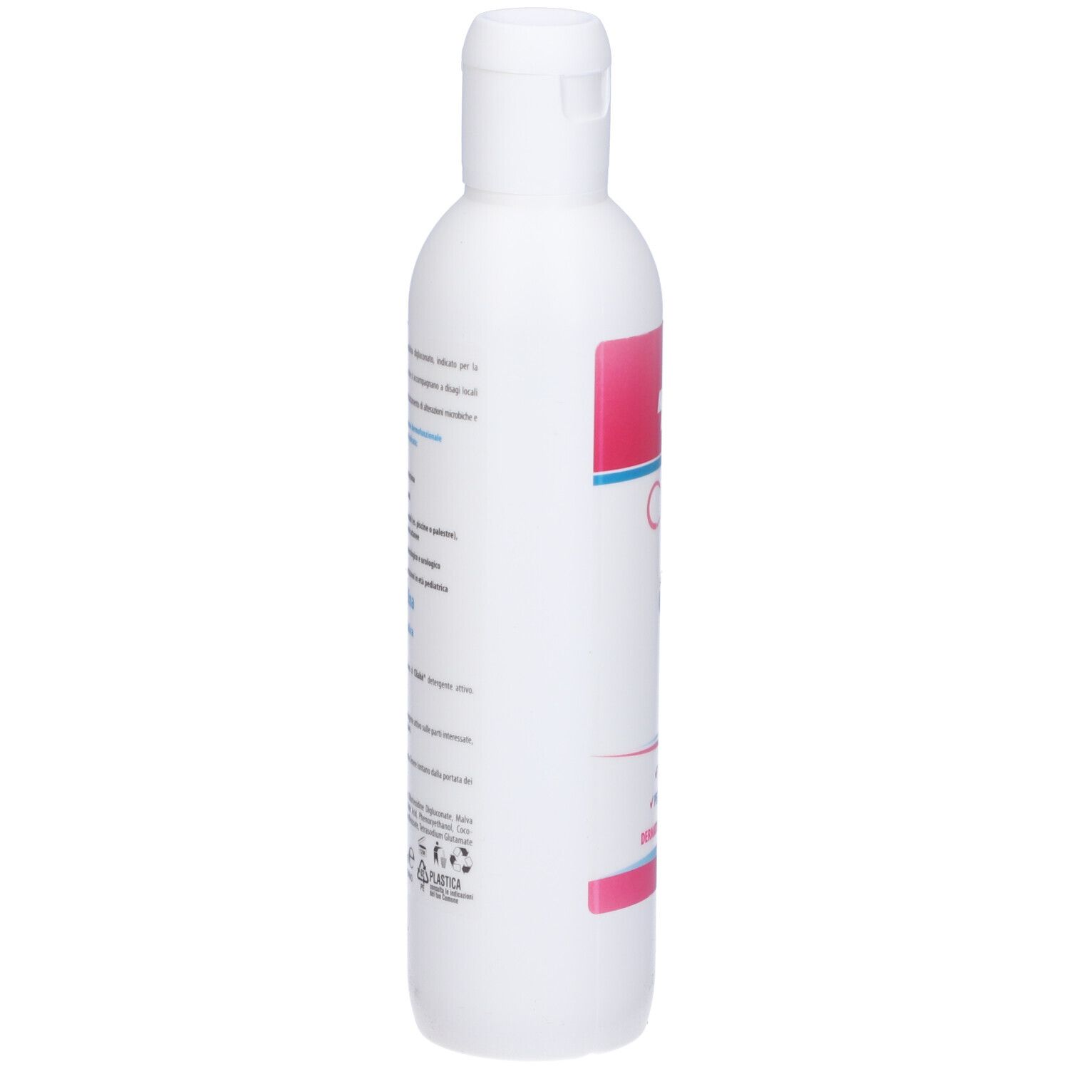 Flacone bianco con Cliake. Striscia rosa con testo. Flacone con tappo a ribalta.