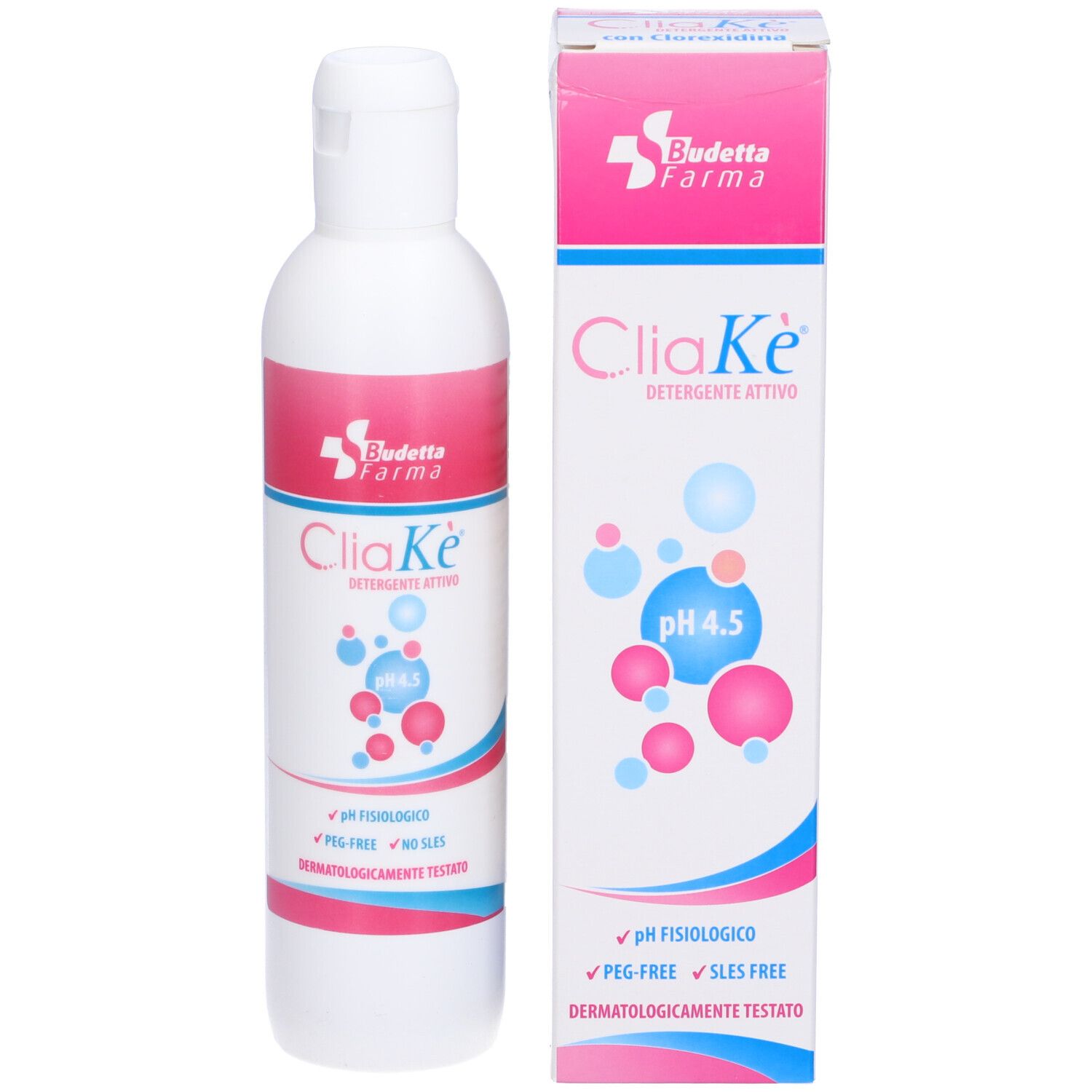 Flacone e scatola con Cliake. Elementi rosa e blu. Testo: Detergente attivo, pH 4.5, pH fisiologico.