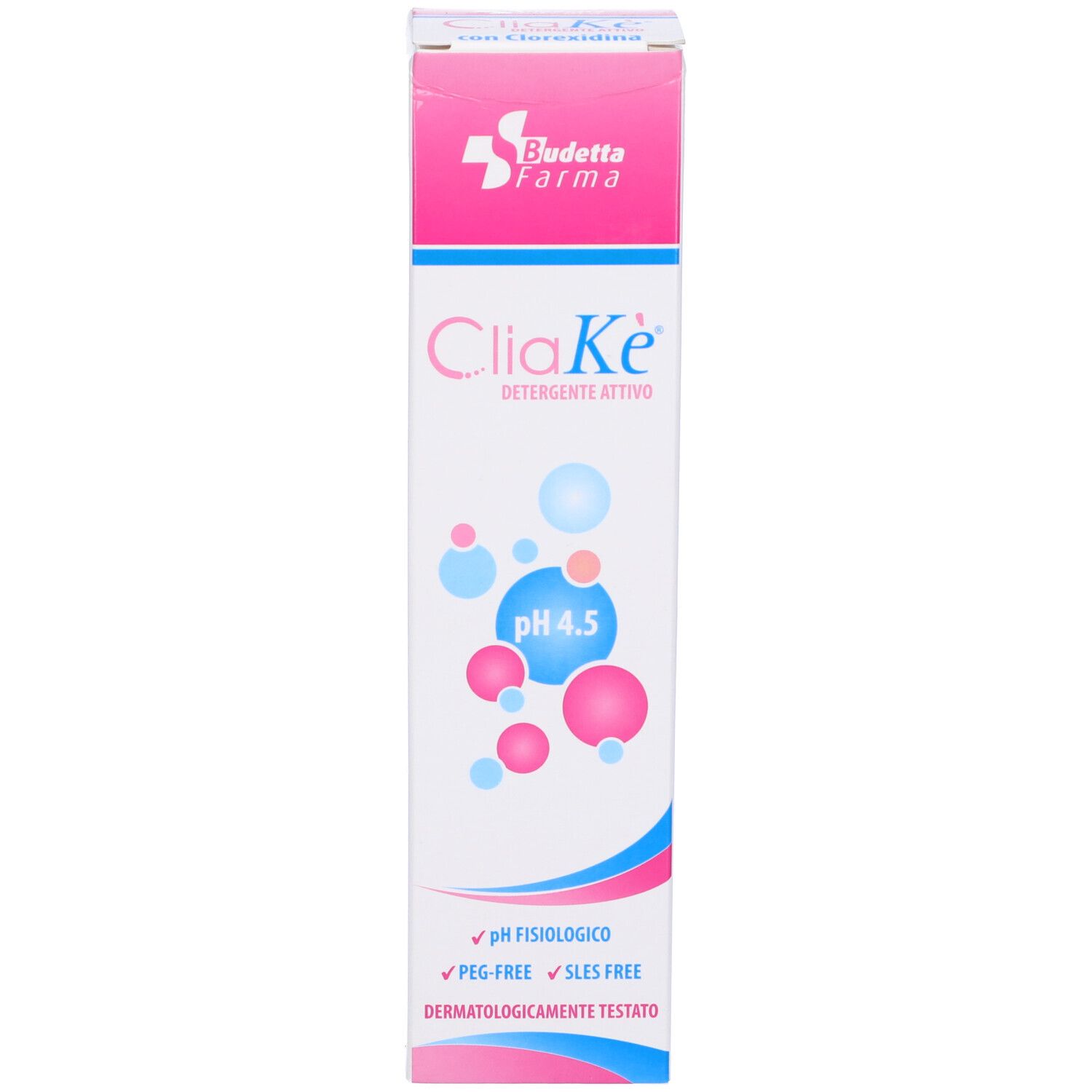 Scatola con Cliake. Elementi rosa e blu. Testo: Detergente attivo, pH 4.5, pH fisiologico, PEG-frei.