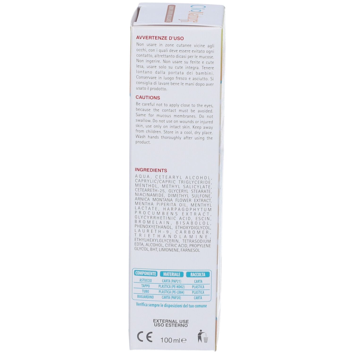 Rückseite der Kartonverpackung mit Inhaltsstoffen und Warnhinweisen. Text in italienischer Sprache.