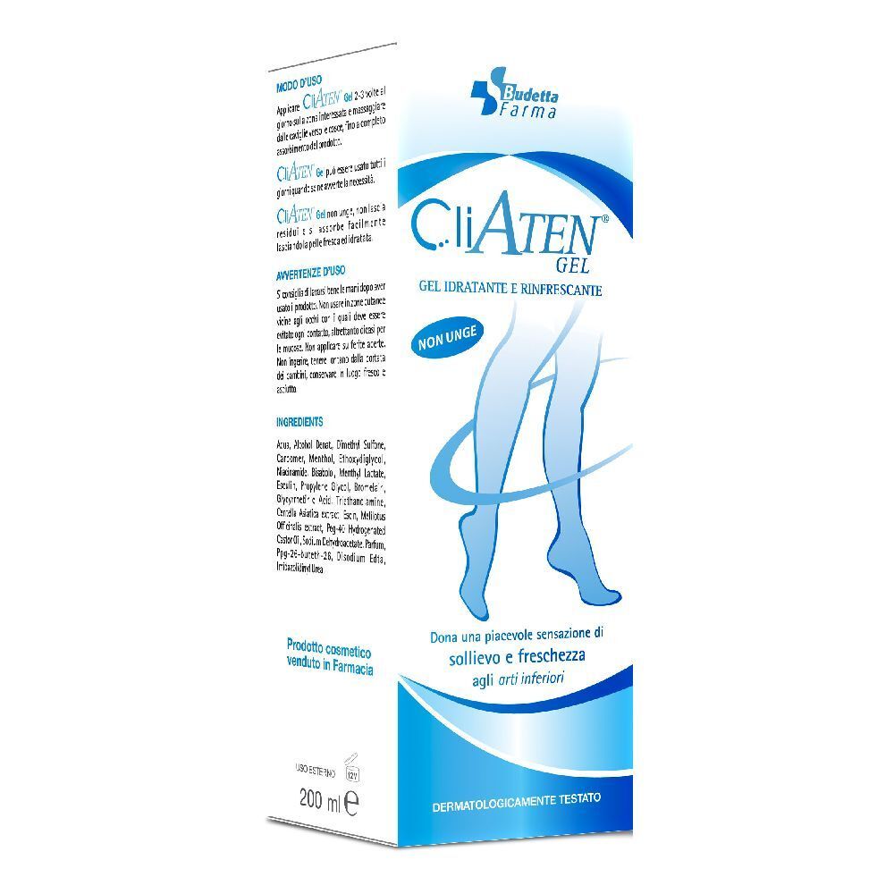 Confezione di Cliaten Gel. Colori blu e bianco. Illustrazione di gambe. Testo: Gel, non unge, dermatologicamente testato.