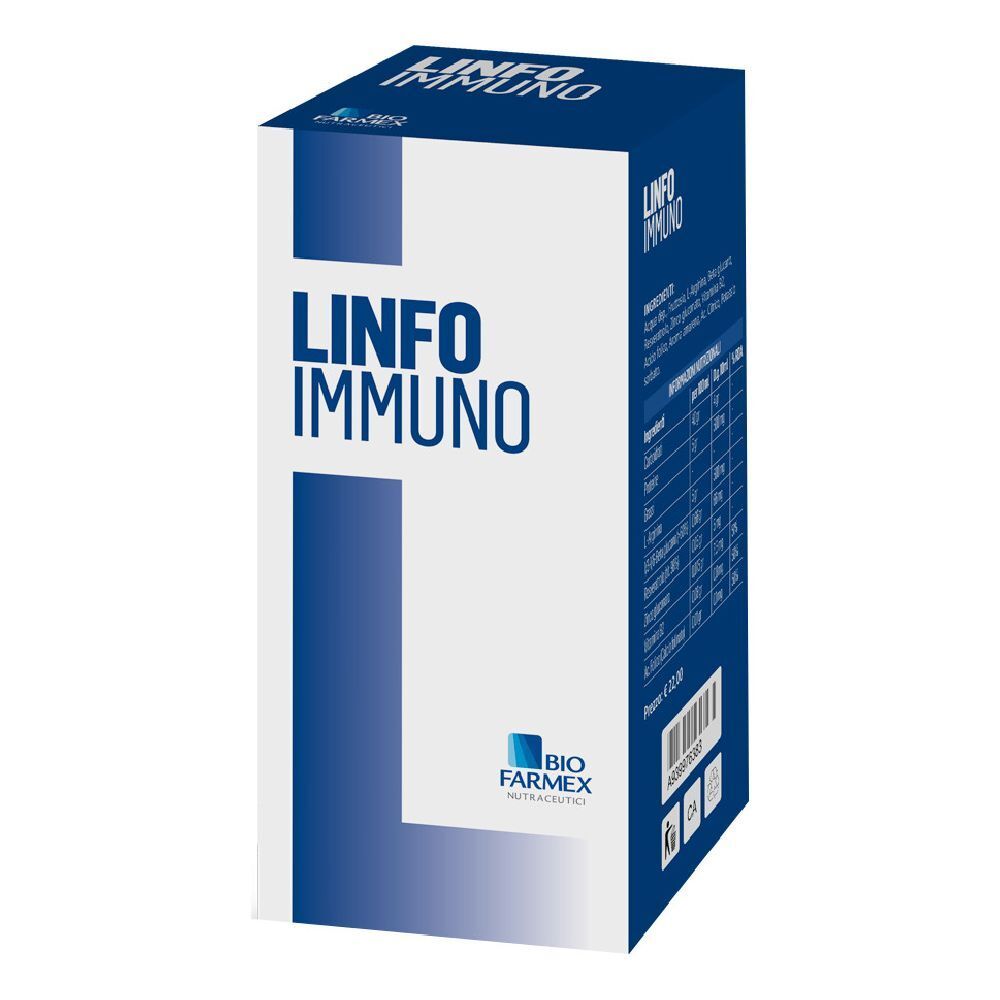 Scatola di Linfo Immuno con logo Biofarmex. Colori blu e bianco. Testo in italiano.