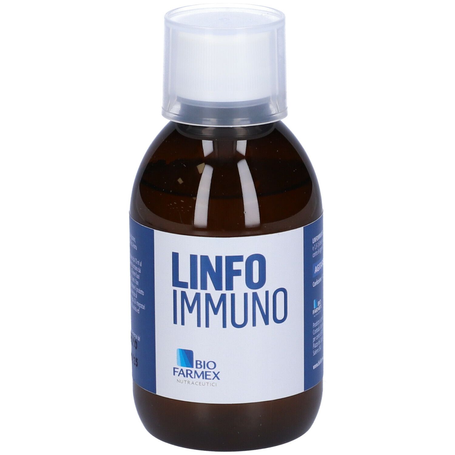 Flacone marrone con etichetta bianca e Linfo Immuno. Tappo trasparente. Logo Biofarmex.