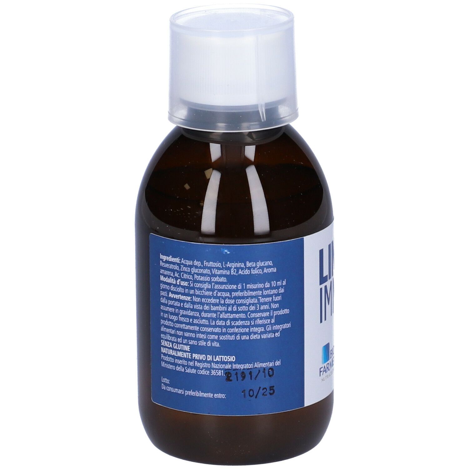 Flacone marrone con etichetta bianca e Linfo Immuno. Tappo trasparente. Testo in italiano.
