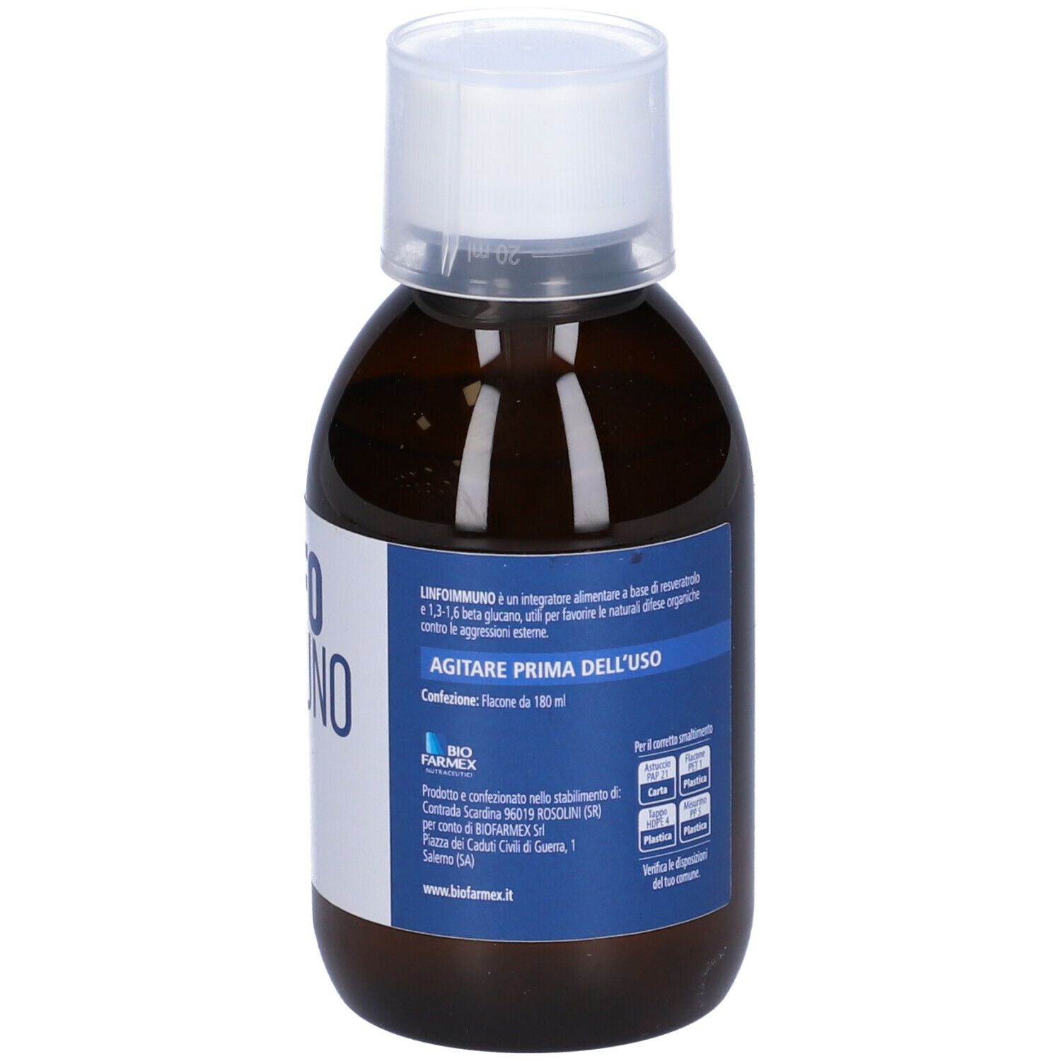 Flacone marrone con etichetta bianca e Linfo Immuno. Tappo trasparente. Testo in italiano.