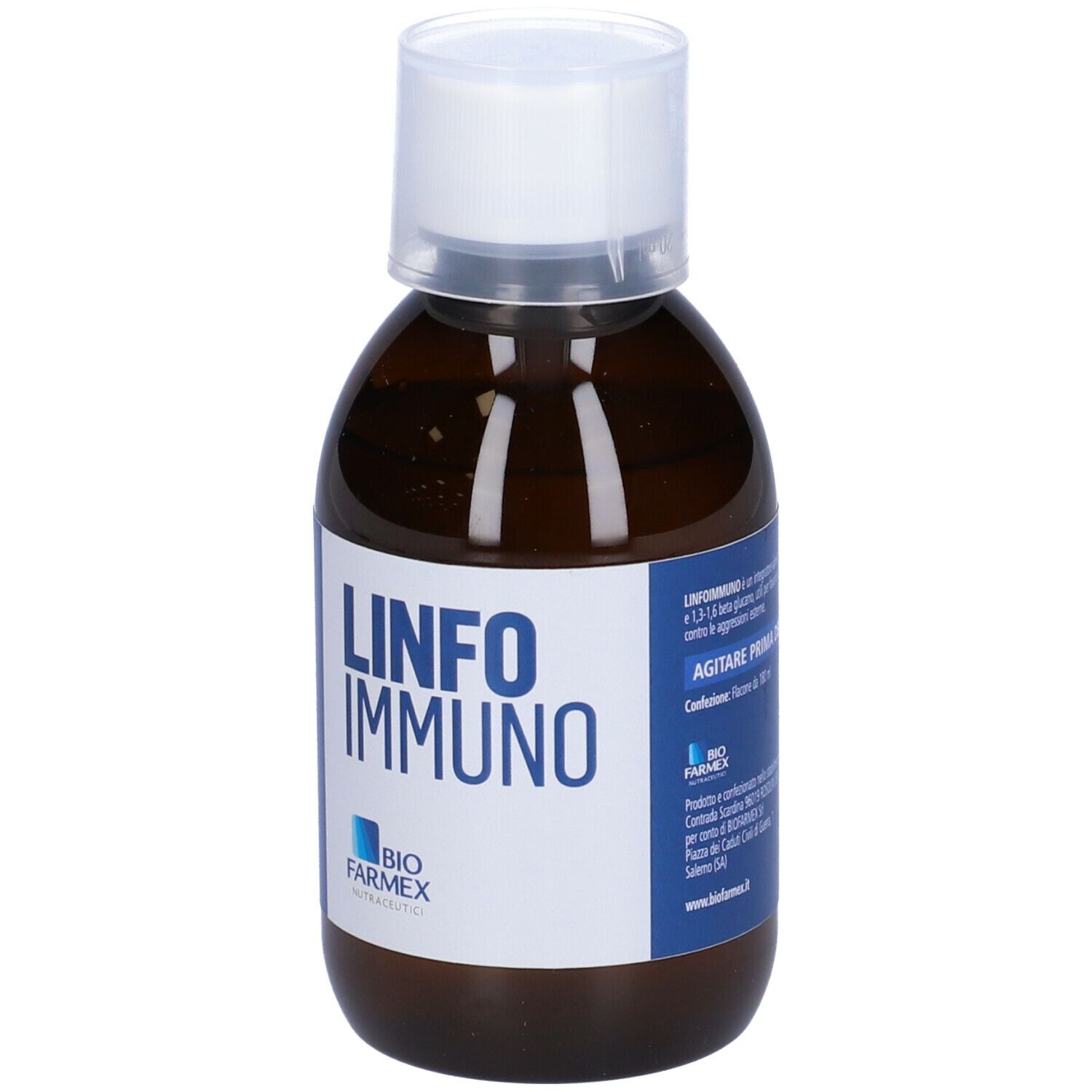 Flacone marrone con etichetta bianca e Linfo Immuno. Tappo trasparente. Testo in italiano.