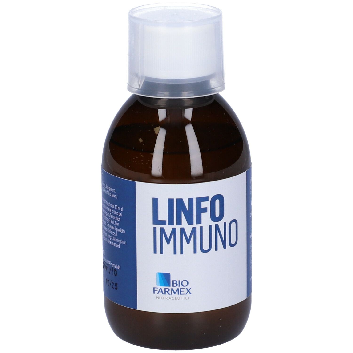 Flacone marrone con etichetta bianca e Linfo Immuno. Tappo trasparente. Testo in italiano.