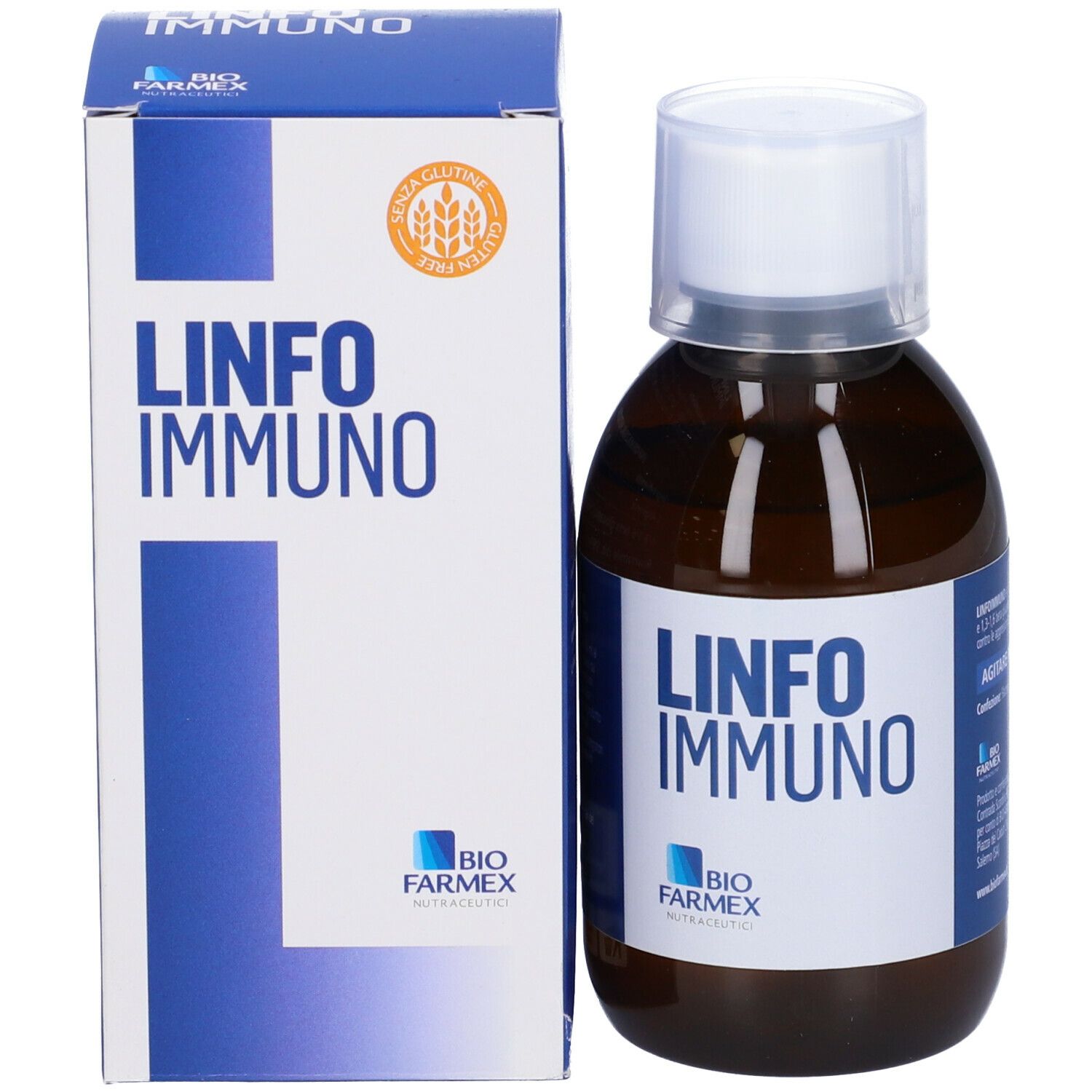 Flacone e scatola di Linfo Immuno. Etichetta e confezione bianche. Simbolo senza glutine.