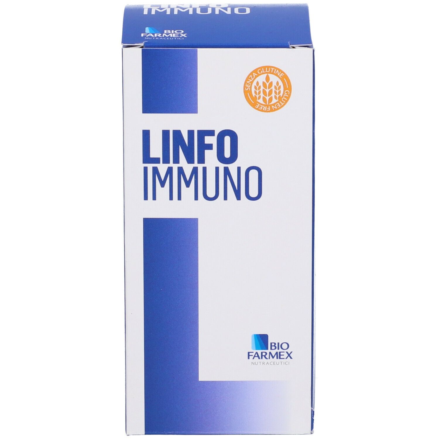 Scatola di Linfo Immuno. Bianco e blu. Simbolo senza glutine. Logo Biofarmex.