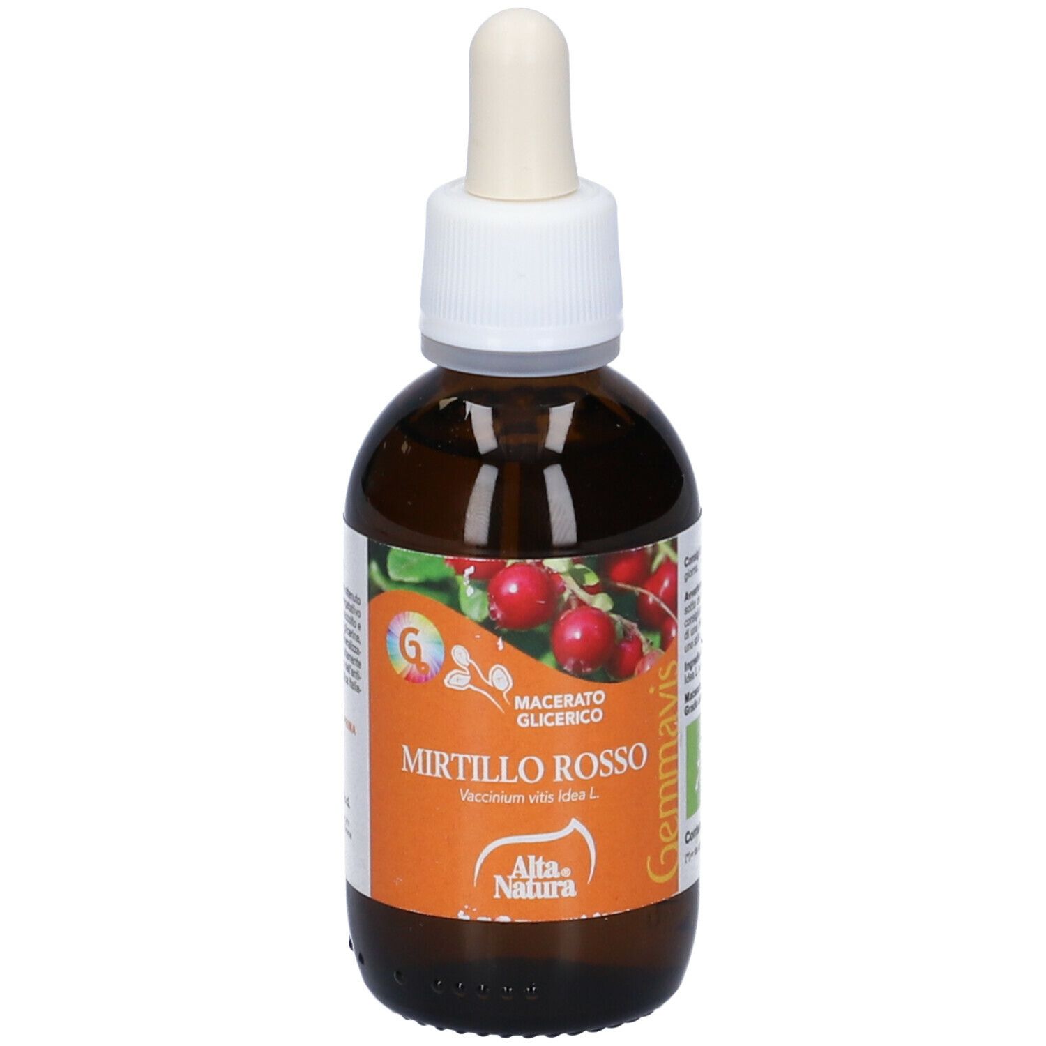 Flacone di vetro marrone con contagocce. Etichetta con nome del prodotto e illustrazione di bacche rosse. Marca: Alta Natura.