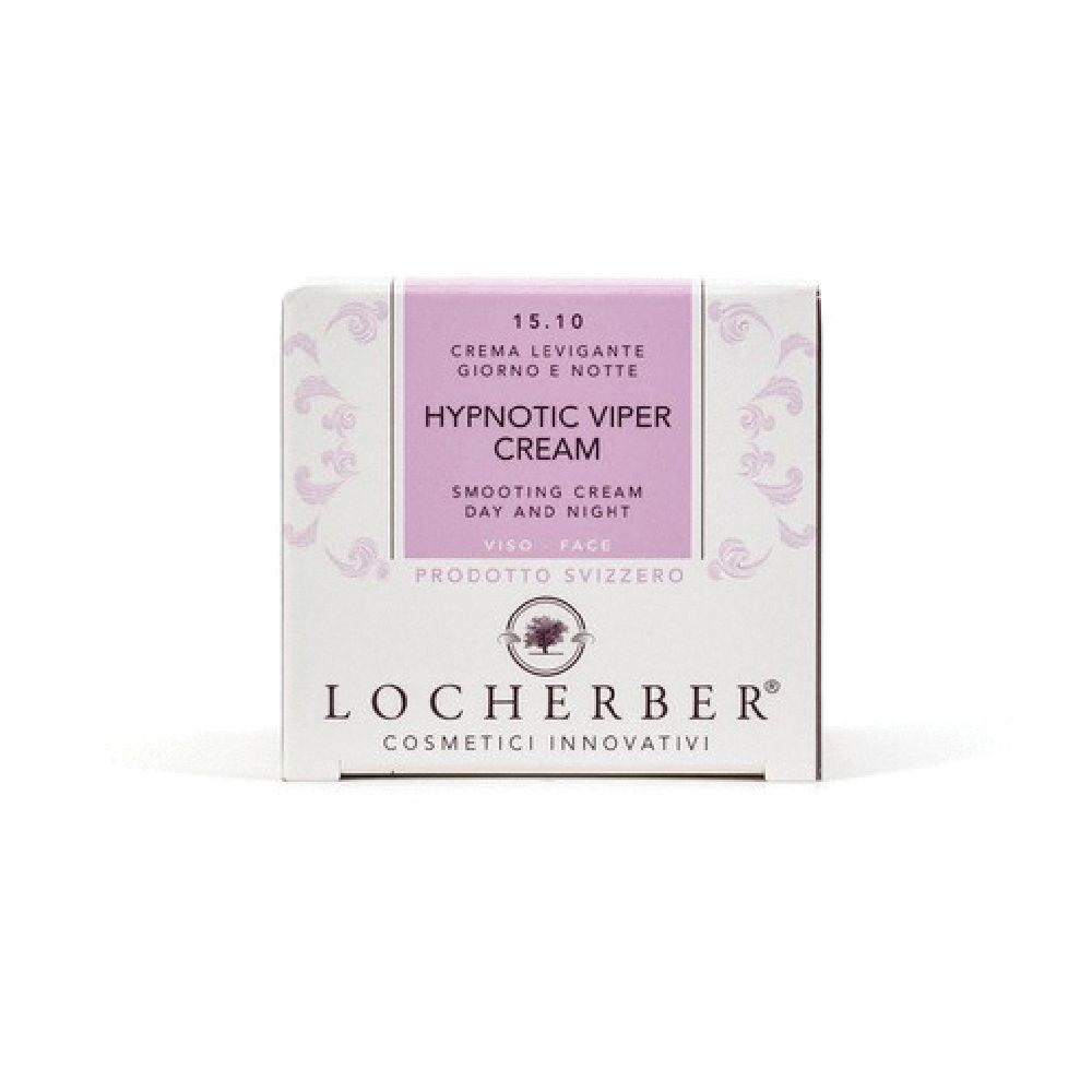 Scatola di crema "HYPNOTIC VIPER CREAM". Scritte in italiano e inglese. Marchio LOCHERBER. Prodotto svizzero.