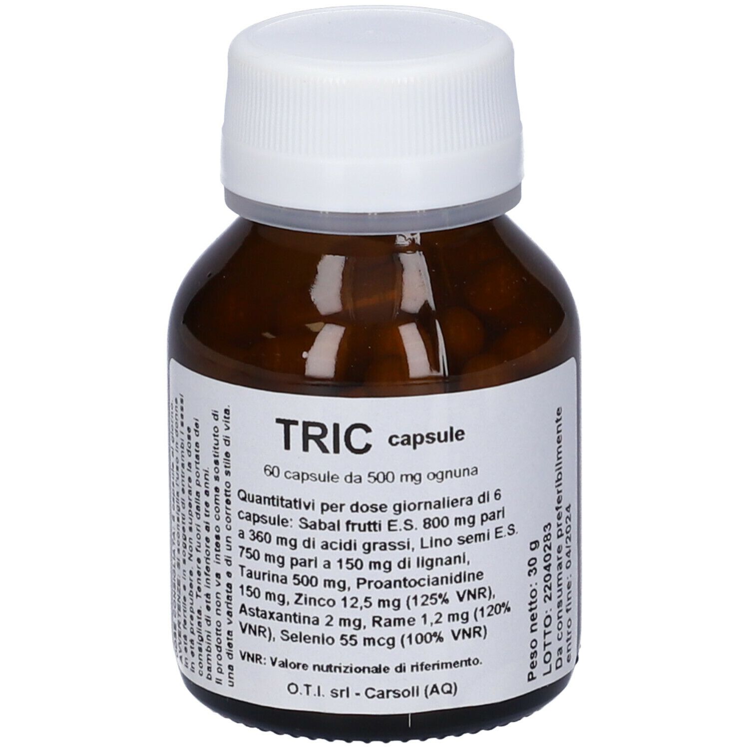Flacone di vetro marrone con tappo bianco. Etichetta con informazioni sul prodotto. Scritta: TRIC capsule.