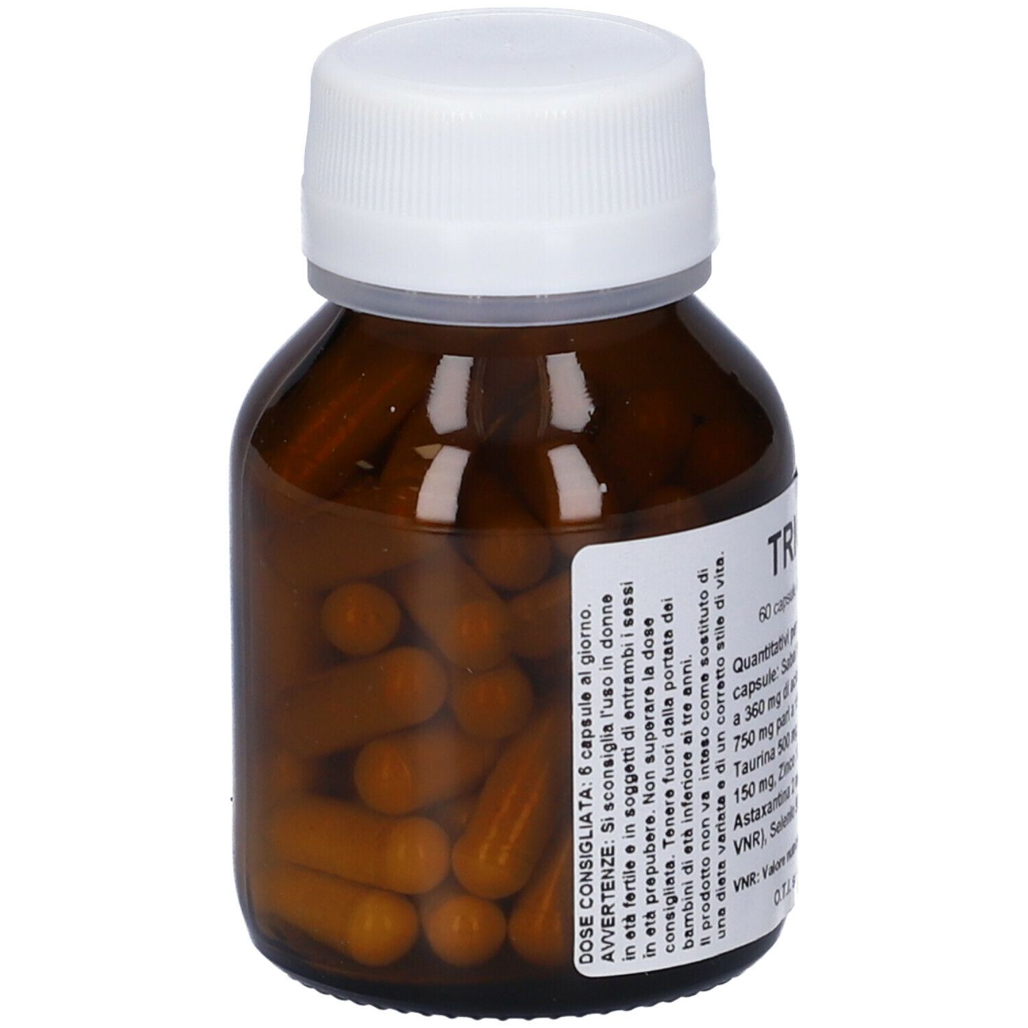 Flacone di vetro marrone con tappo bianco, pieno di capsule marroni. Etichetta con informazioni sul prodotto.