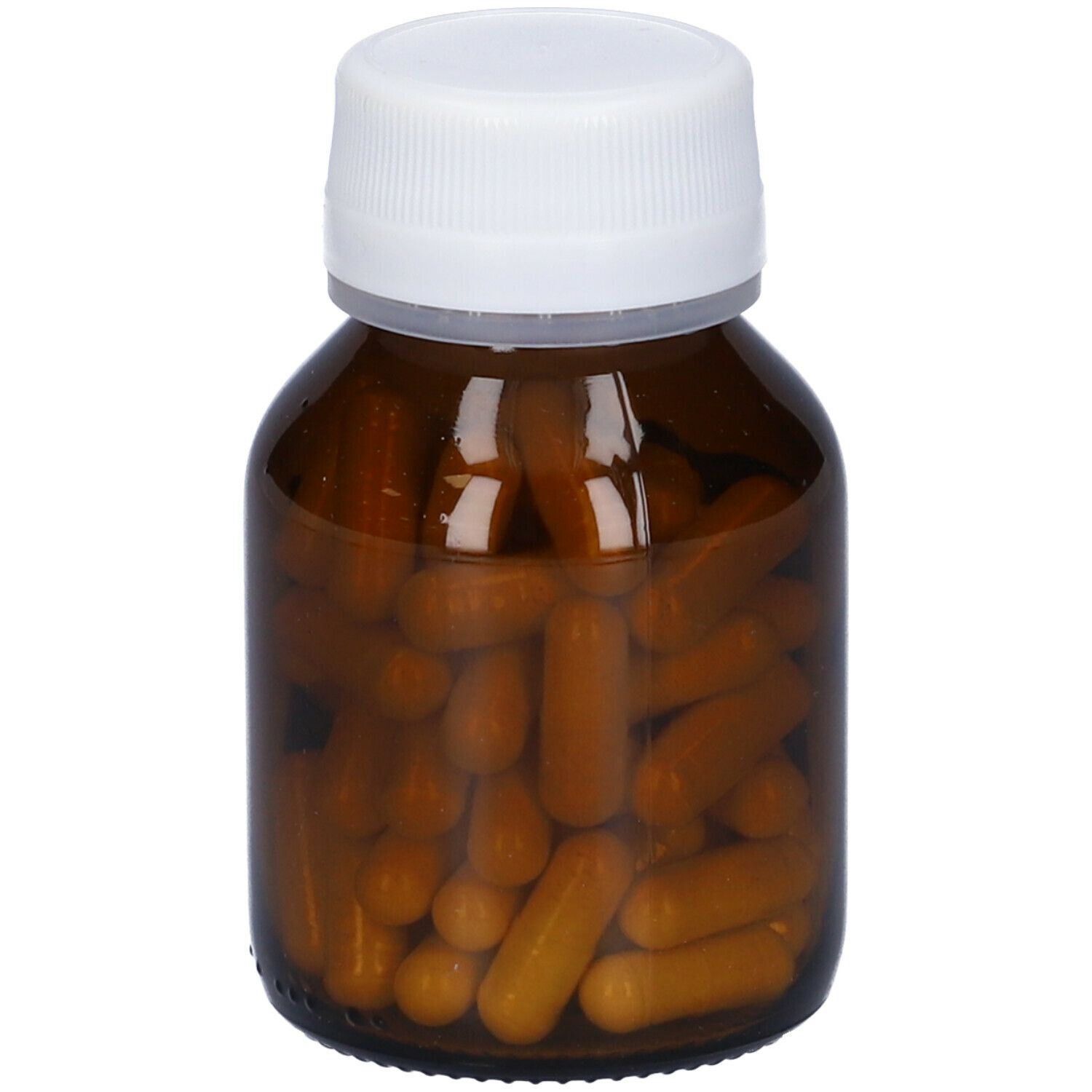 Flacone di vetro marrone con tappo bianco, pieno di capsule marroni. Etichetta del prodotto visibile.
