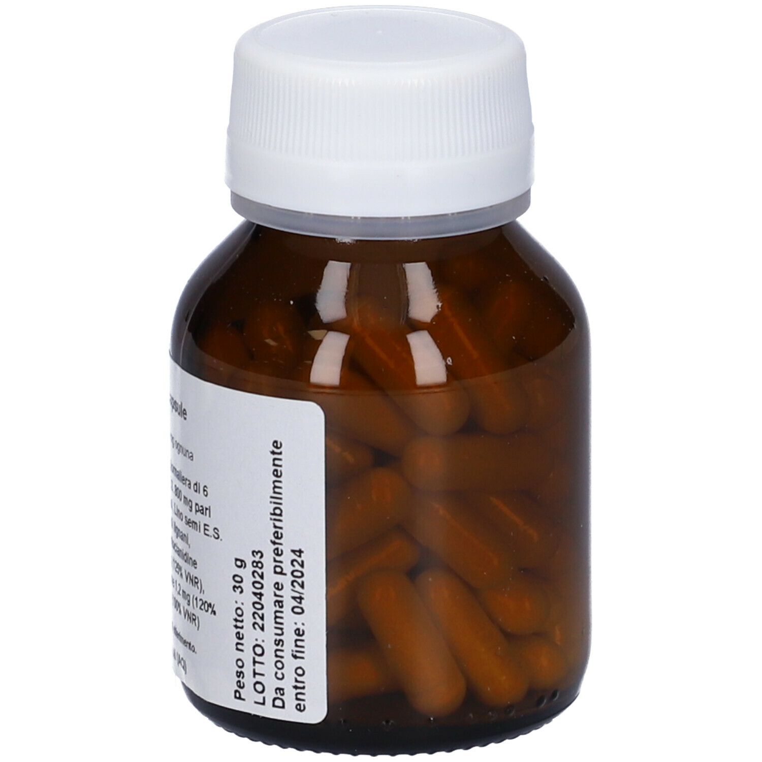 Flacone di vetro marrone con tappo bianco, pieno di capsule marroni. Etichetta del prodotto con data di scadenza.