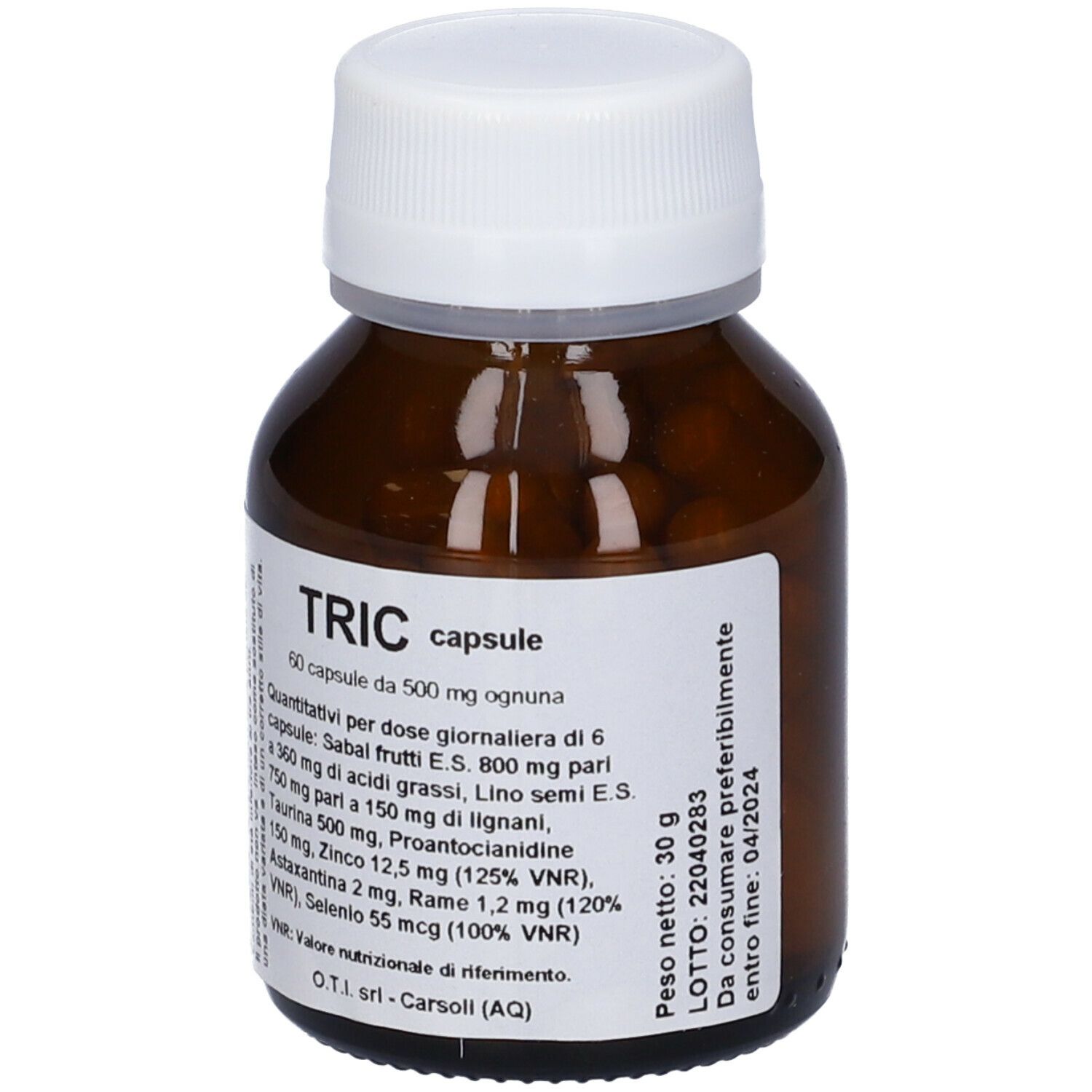 Flacone di vetro marrone con tappo bianco. Etichetta del prodotto con ingredienti e scritta: TRIC capsule.