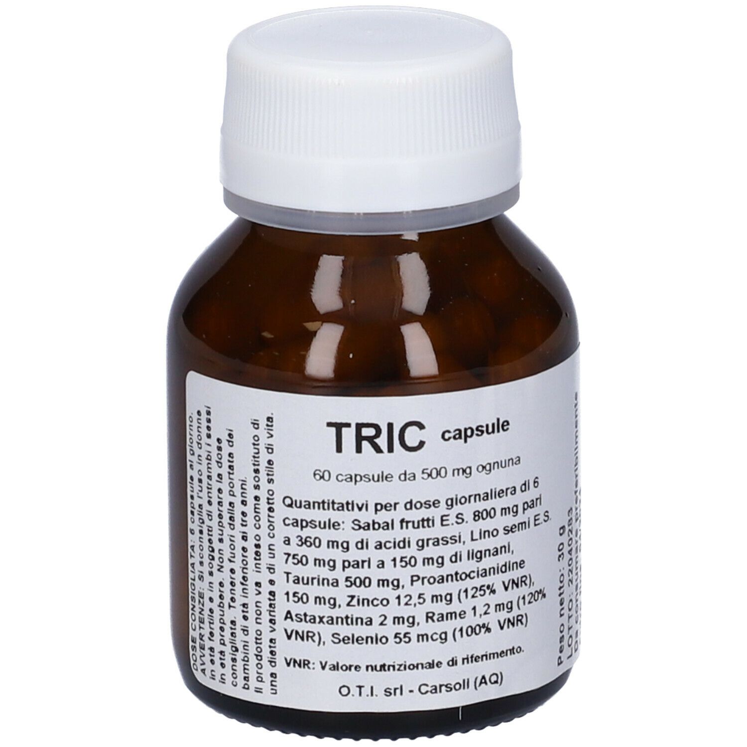 Flacone di vetro marrone con tappo bianco. Etichetta del prodotto con ingredienti e scritta: TRIC capsule.