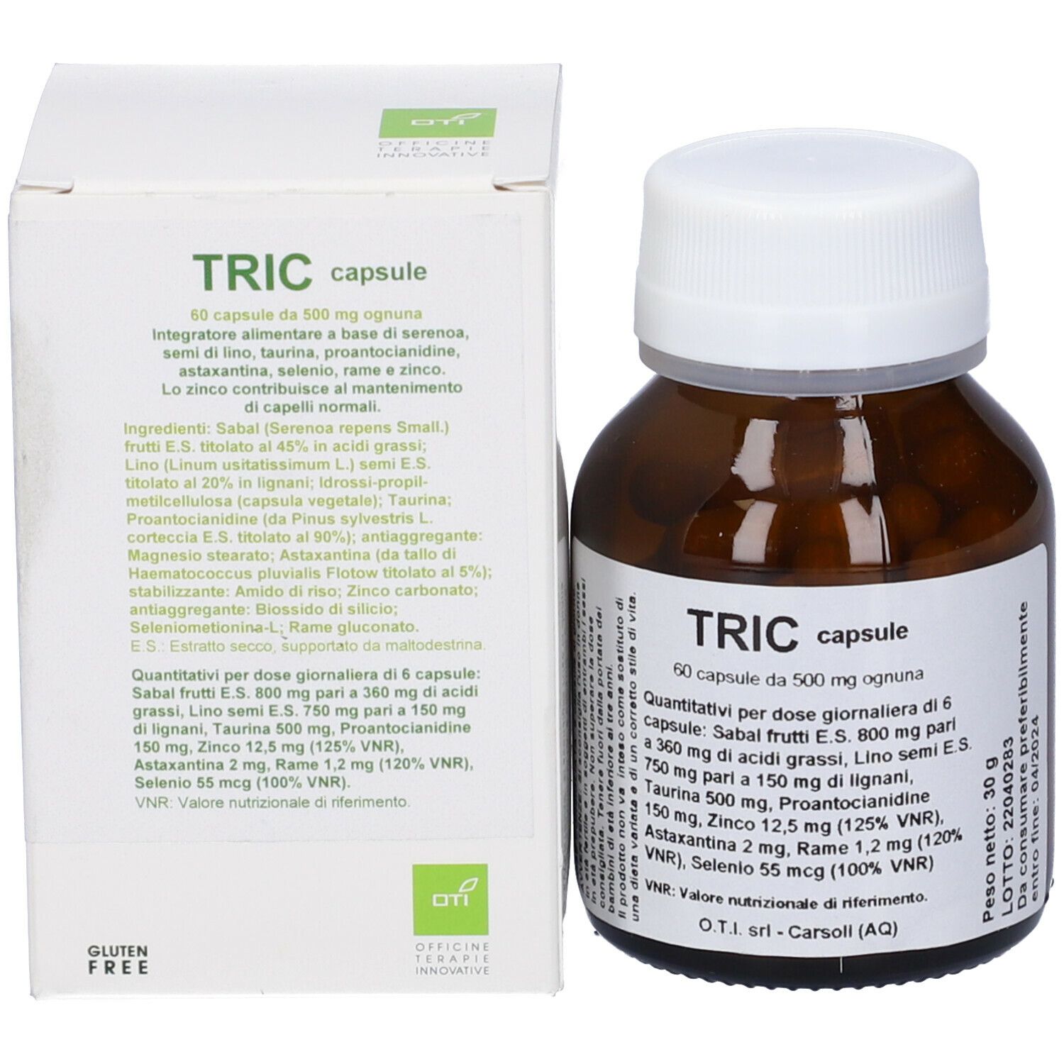 Flacone di vetro marrone e scatola bianca. Scritta: TRIC capsule. Etichetta del prodotto e scatola con ingredienti.
