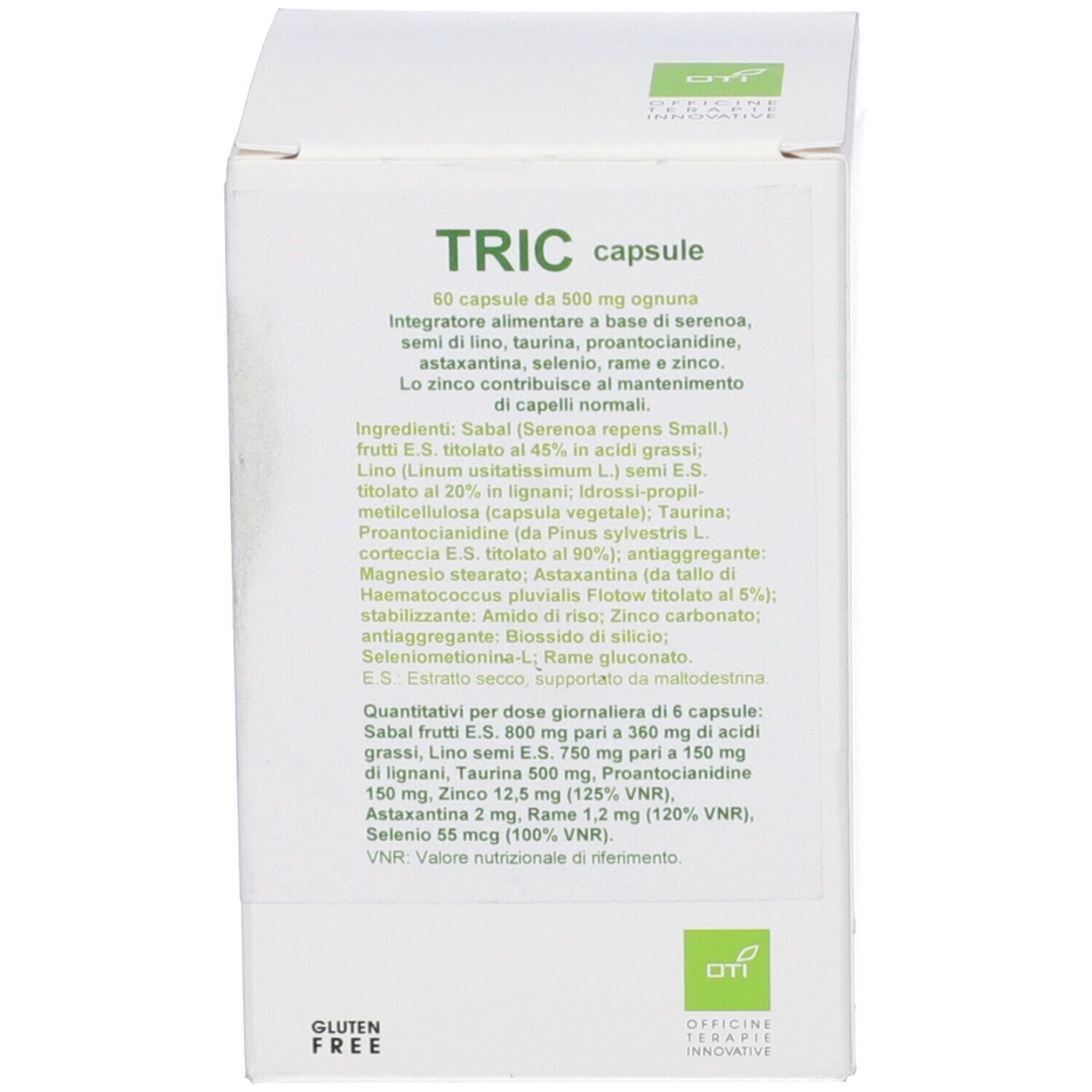Scatola bianca con informazioni sul prodotto. Scritta: TRIC capsule. Logo e ingredienti.