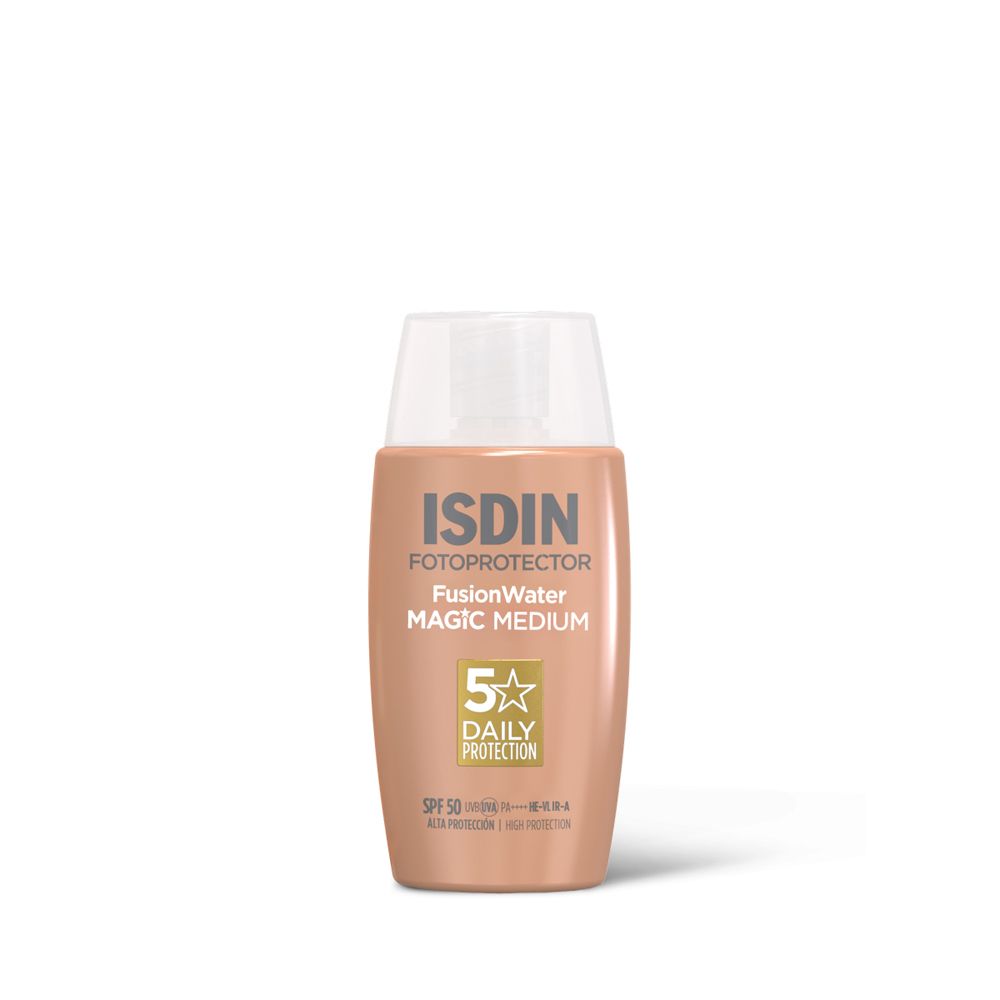 Beige Flasche mit weißem Deckel. Aufschrift ISDIN, Fotoprotector, 5 Daily Protection, SPF 50.