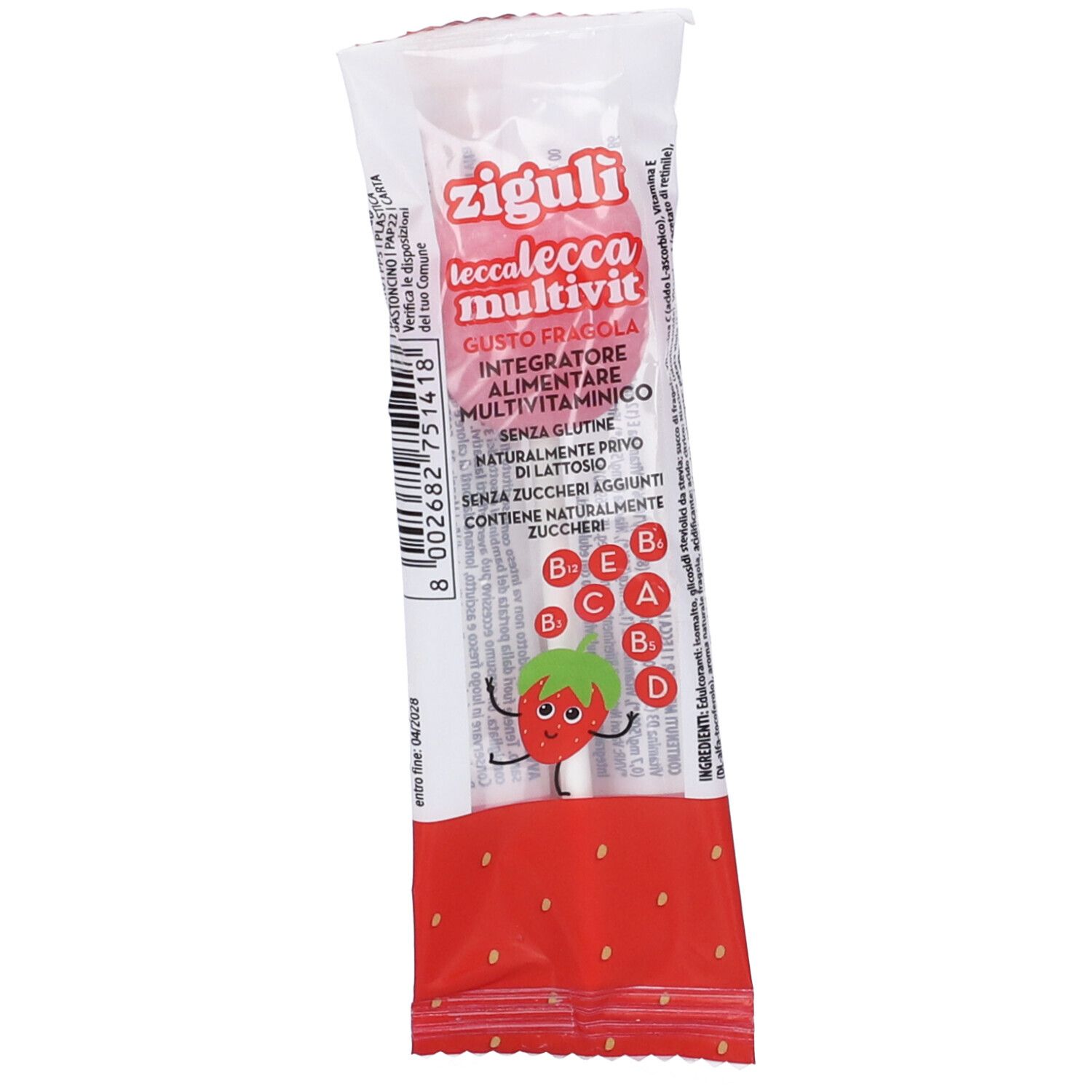 Verpackung von Zigulì Lecca Lecca Multivit. Rote und weiße Verpackung mit Produktinformationen und einer Erdbeer-Illustration.