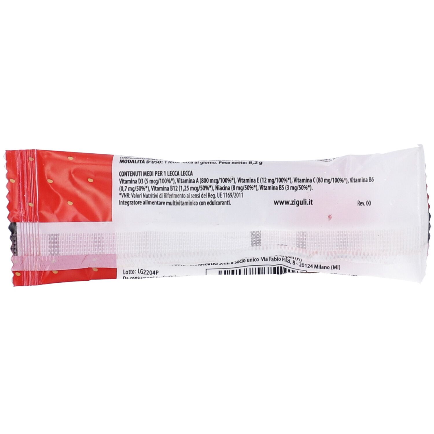 Rückseite der Zigulì Lecca Lecca Multivit Verpackung. Text mit Nährwertangaben und Website-Adresse.