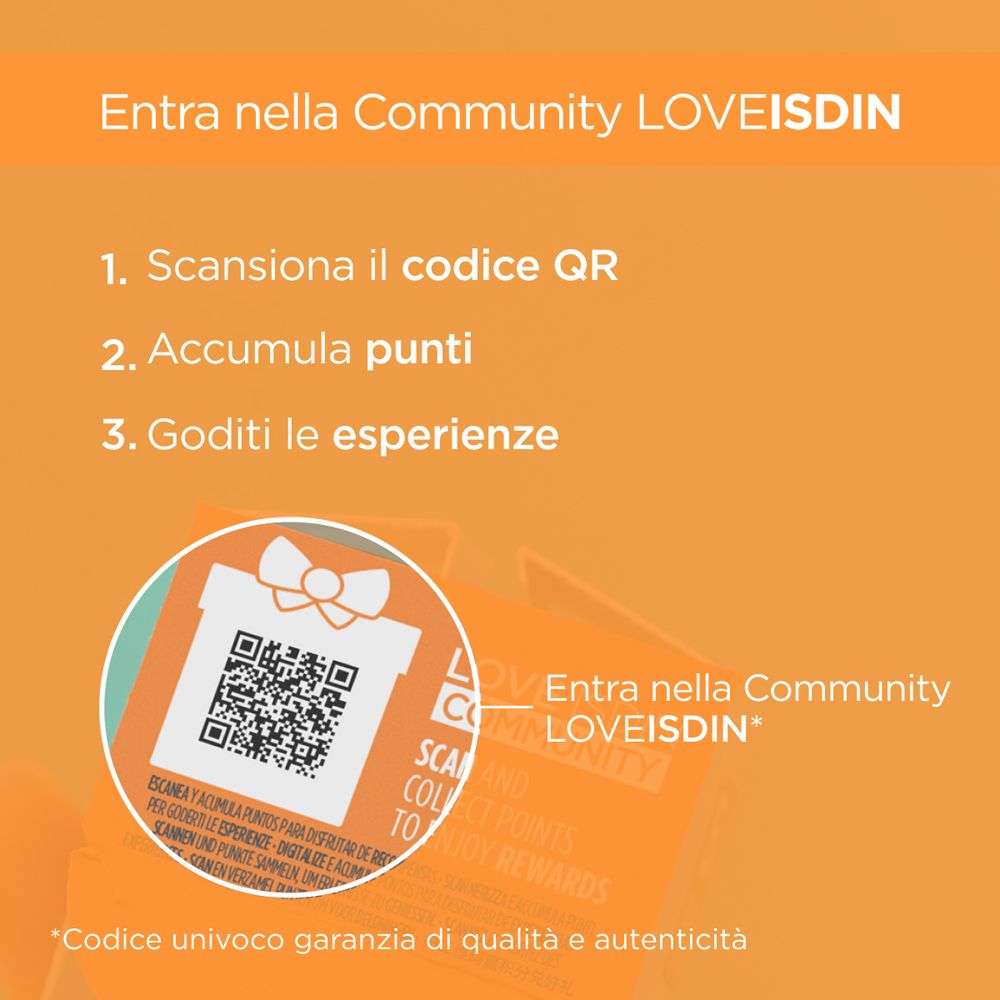 QR-Code und Text auf orangefarbenem Hintergrund. Community LOVEISDIN.