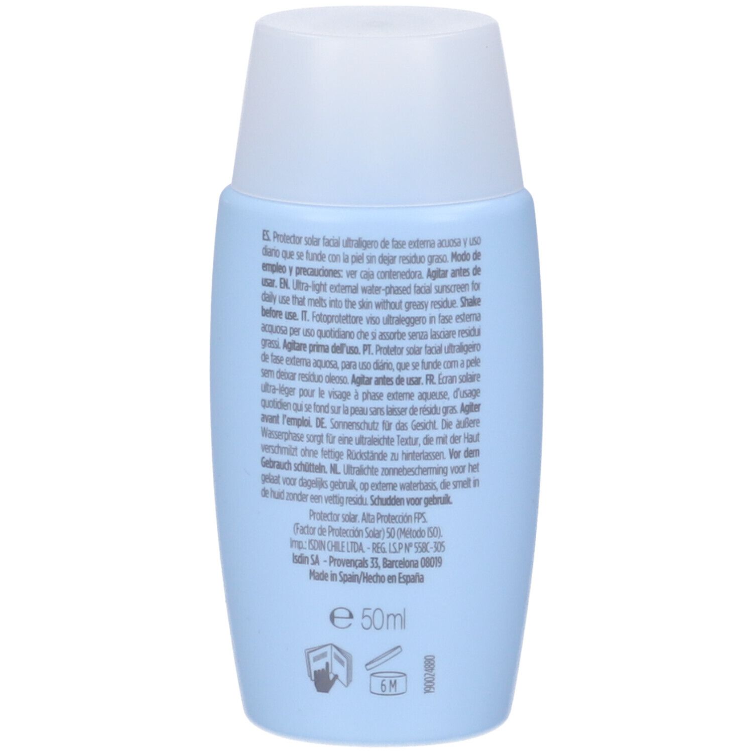 Rückseite der hellblauen Flasche. Text in mehreren Sprachen. Unten: 50ml, Symbole, Herstellungsort.