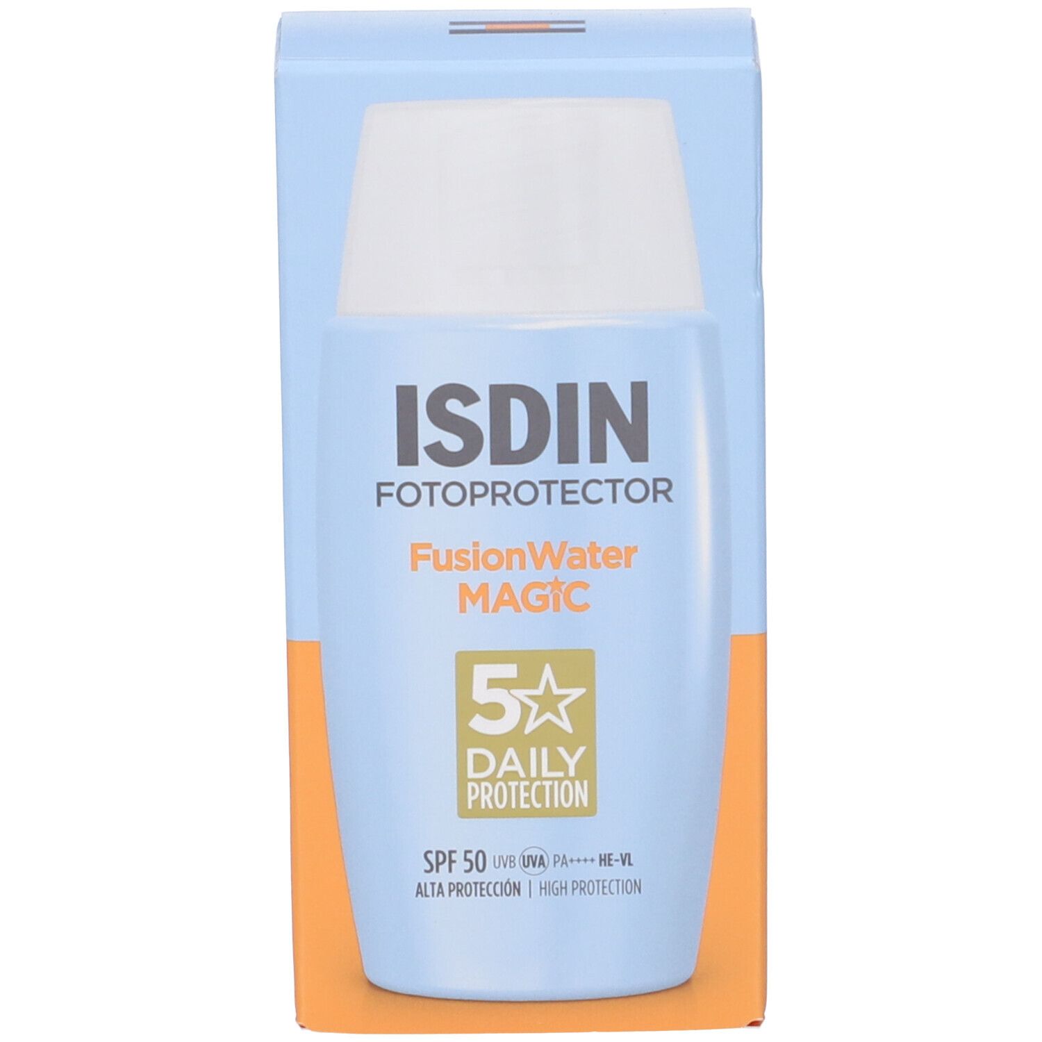 Verpackung und Flasche. Aufschrift: ISDIN, Fotoprotector, FusionWater MAGIC, 5 Daily Protection, SPF 50.