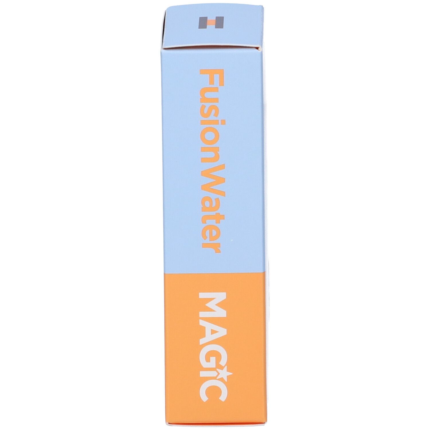 Schmale Verpackung. Aufschrift: FusionWater MAGIC. Farbgebung: blau und orange.