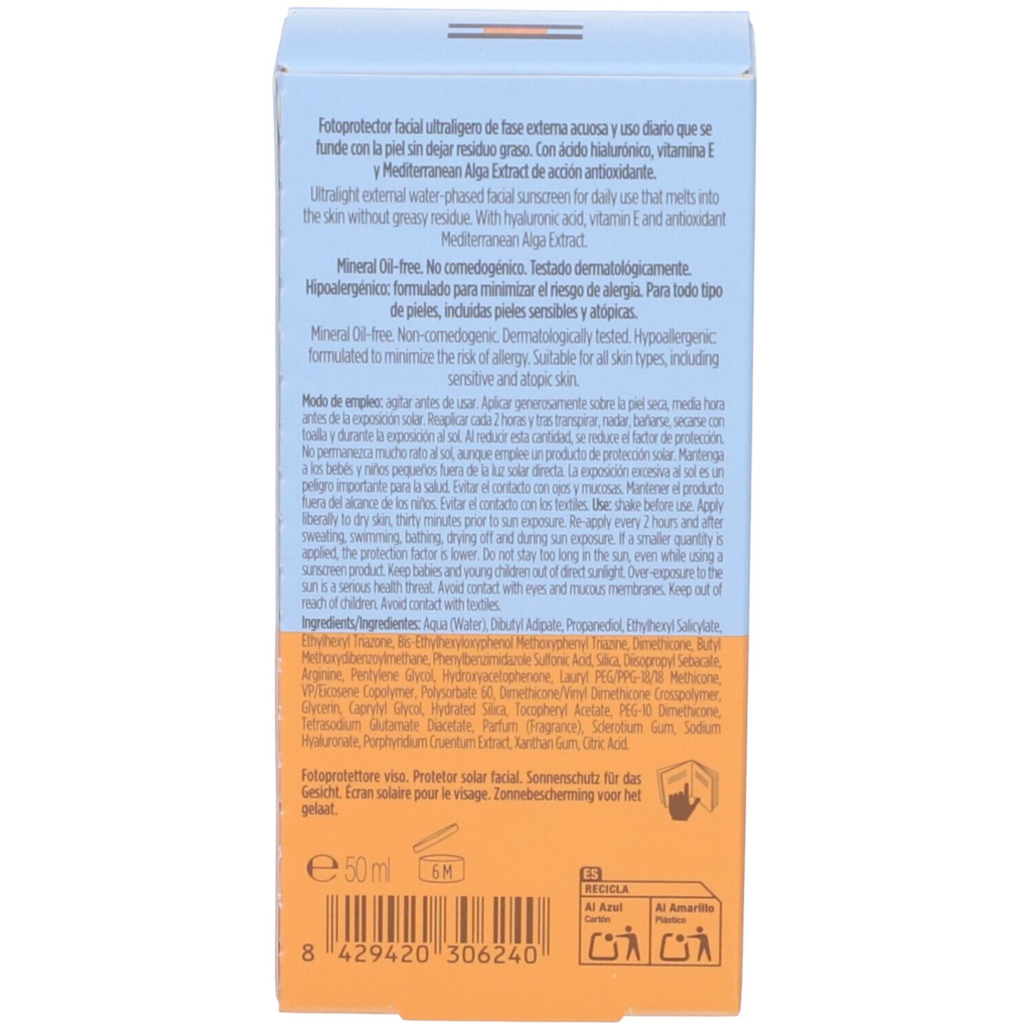 Rückseite der Verpackung. Text in mehreren Sprachen. Unten: 50ml, Symbole, Inhaltsstoffe.
