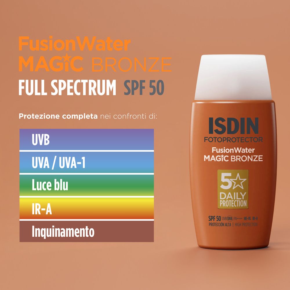 Sonnencreme-Flasche. ISDIN, Fusion Water, Magic Bronze, SPF 50. Text. Vollspektrum, Schutz vor UV, IR-A, Verschmutzung.