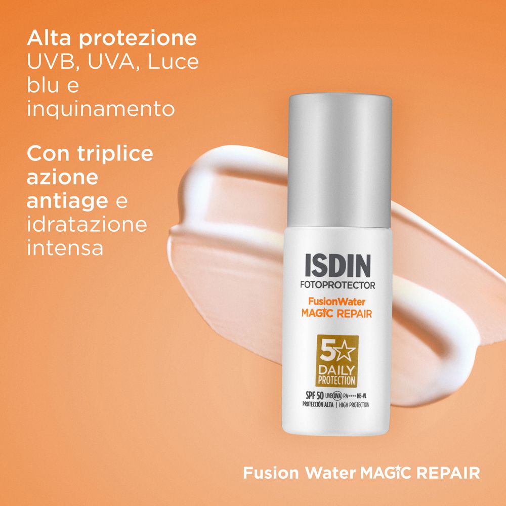 Flakon mit Text. Aufschrift ISDIN, Fusion Water, Magic Repair, SPF 50. Text: Alta protezione UV.