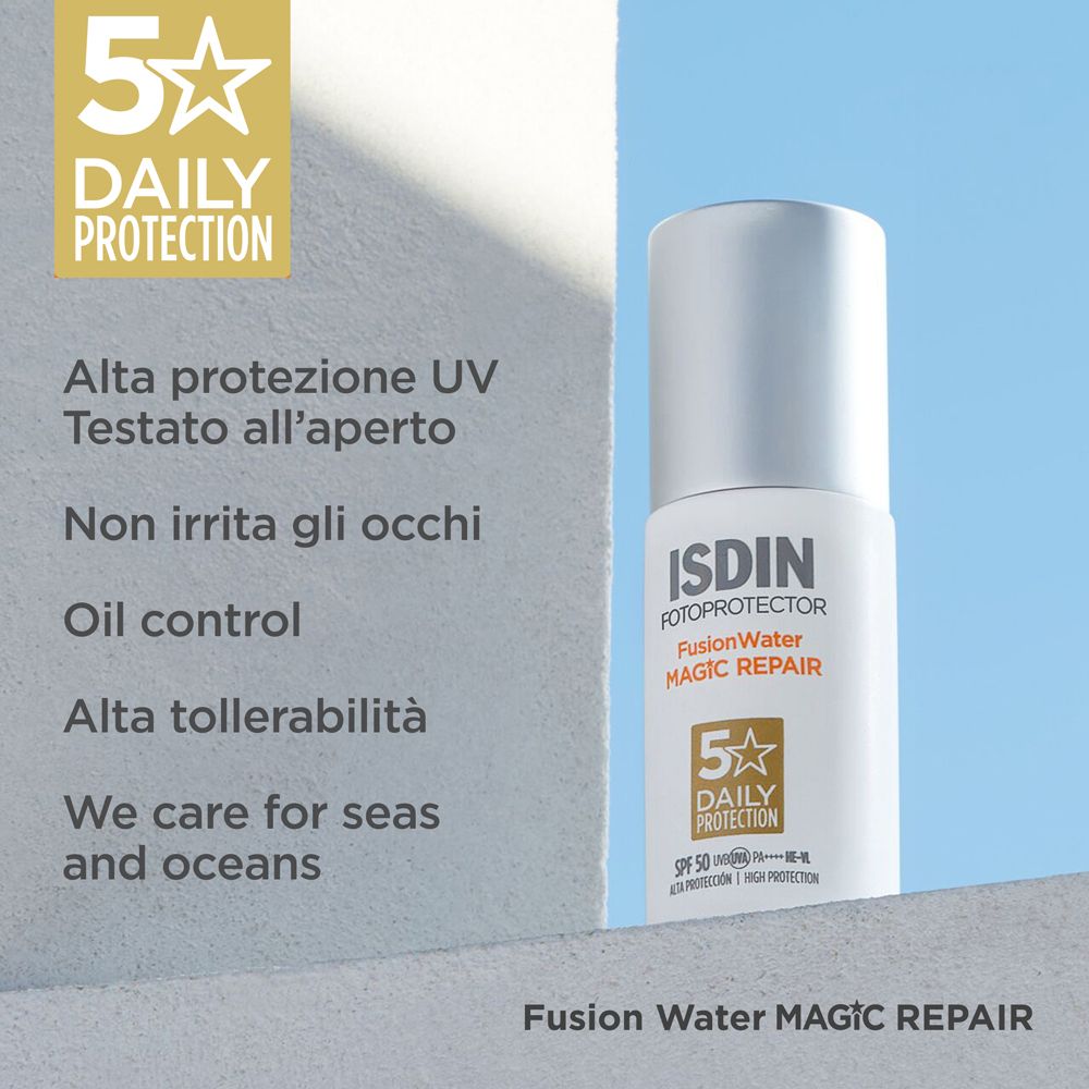 Flakon mit Text. Aufschrift ISDIN, Fusion Water, Magic Repair, SPF 50. Text: 5-Sterne-Schutz.