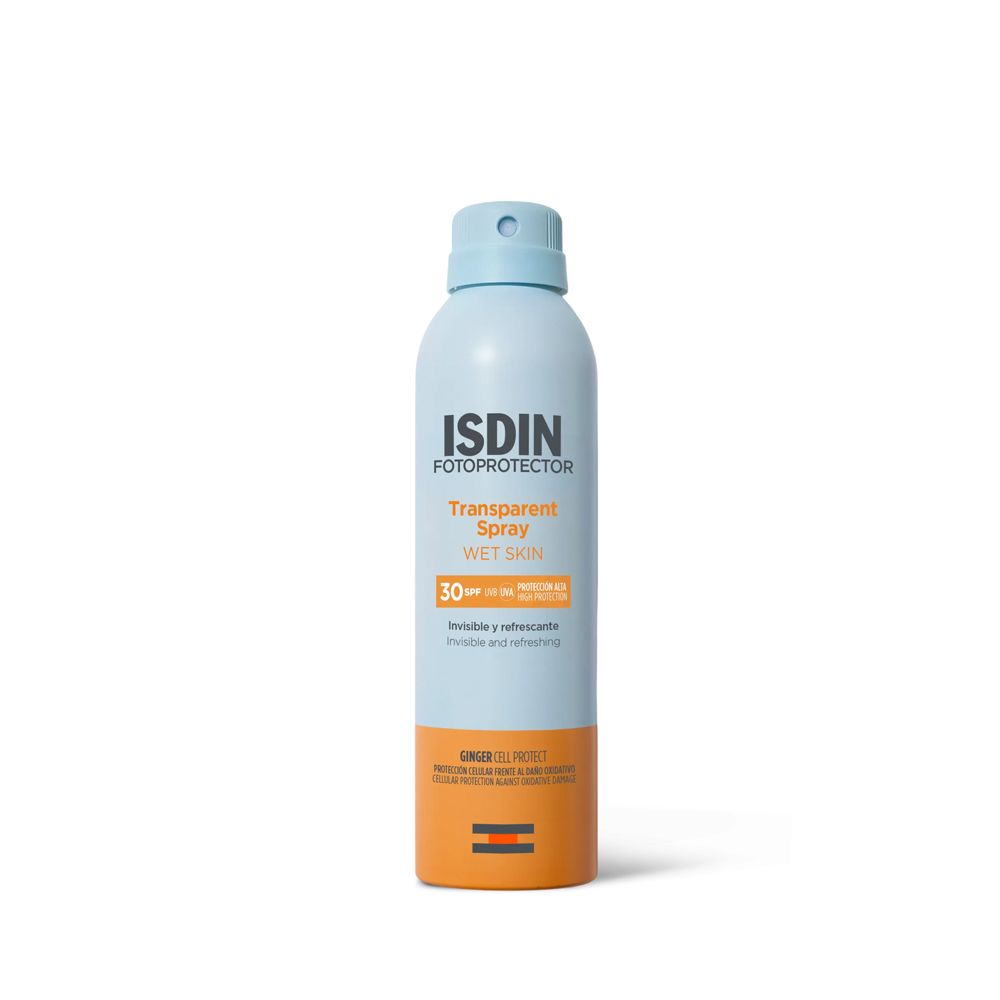 Hellblaue Sprühflasche mit blauem Deckel. Orangefarbener Boden. Text: ISDIN Fotoprotector, Transparent Spray Wet Skin SPF 30.
