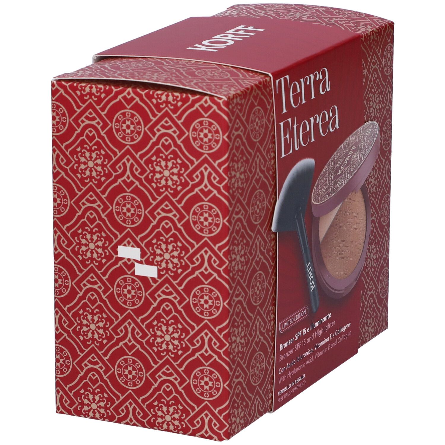 Confezione regalo Korff Terra Eterea Limited Edition, rossa con motivi. Prodotto parzialmente visibile.