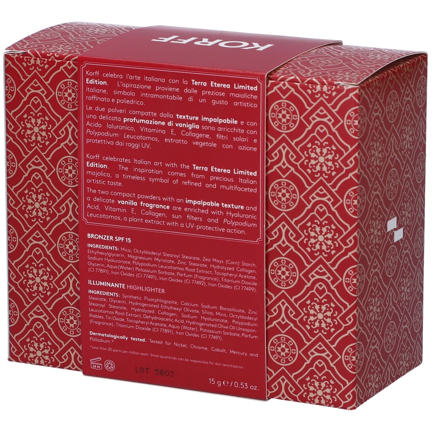 Retro della confezione regalo Korff Terra Eterea Limited Edition. Testo multilingue.