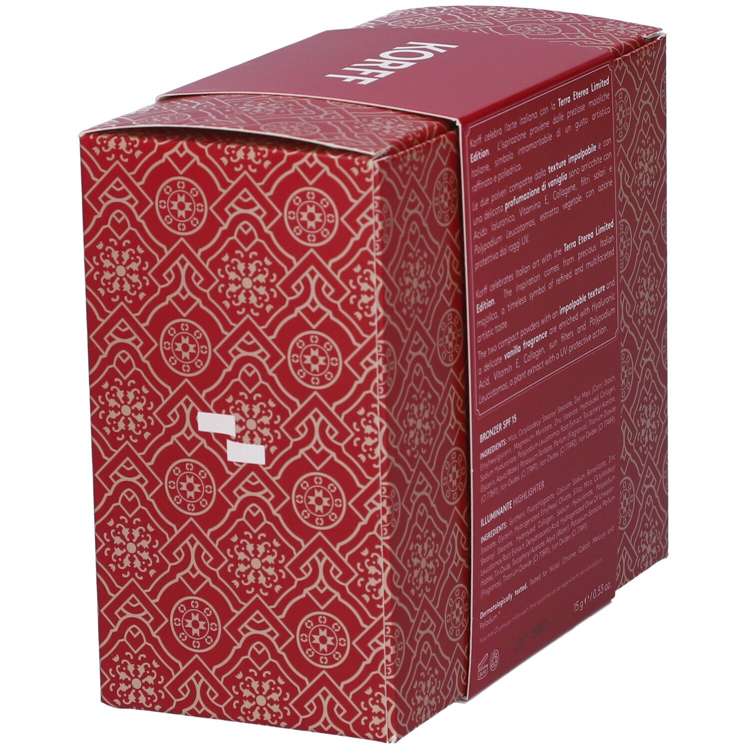 Confezione regalo Korff Terra Eterea Limited Edition, rossa con motivi. Prodotto parzialmente visibile.