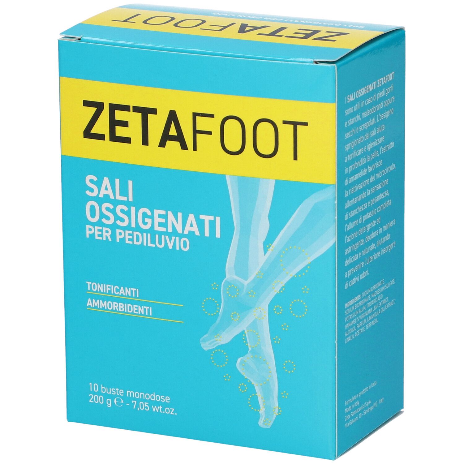 Türkisblaue Schachtel mit Produktnamen ZETAFOOT und Produktbezeichnung SALI OSSIGENATI PER PEDILUVIO. 10 Einzelbeutel.