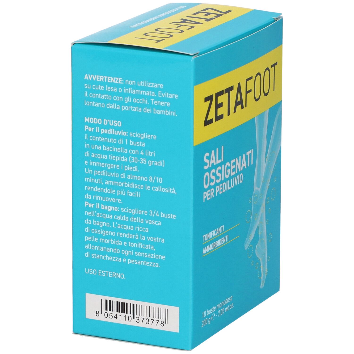 Türkisblaue Schachtel mit Produktnamen ZETAFOOT und Produktbezeichnung SALI OSSIGENATI PER PEDILUVIO. Text über Anwendung.