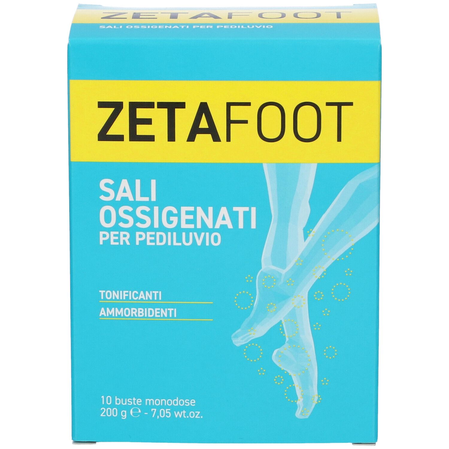 Türkisblaue Schachtel mit Produktnamen ZETAFOOT und Produktbezeichnung SALI OSSIGENATI PER PEDILUVIO. 10 Einzelbeutel.