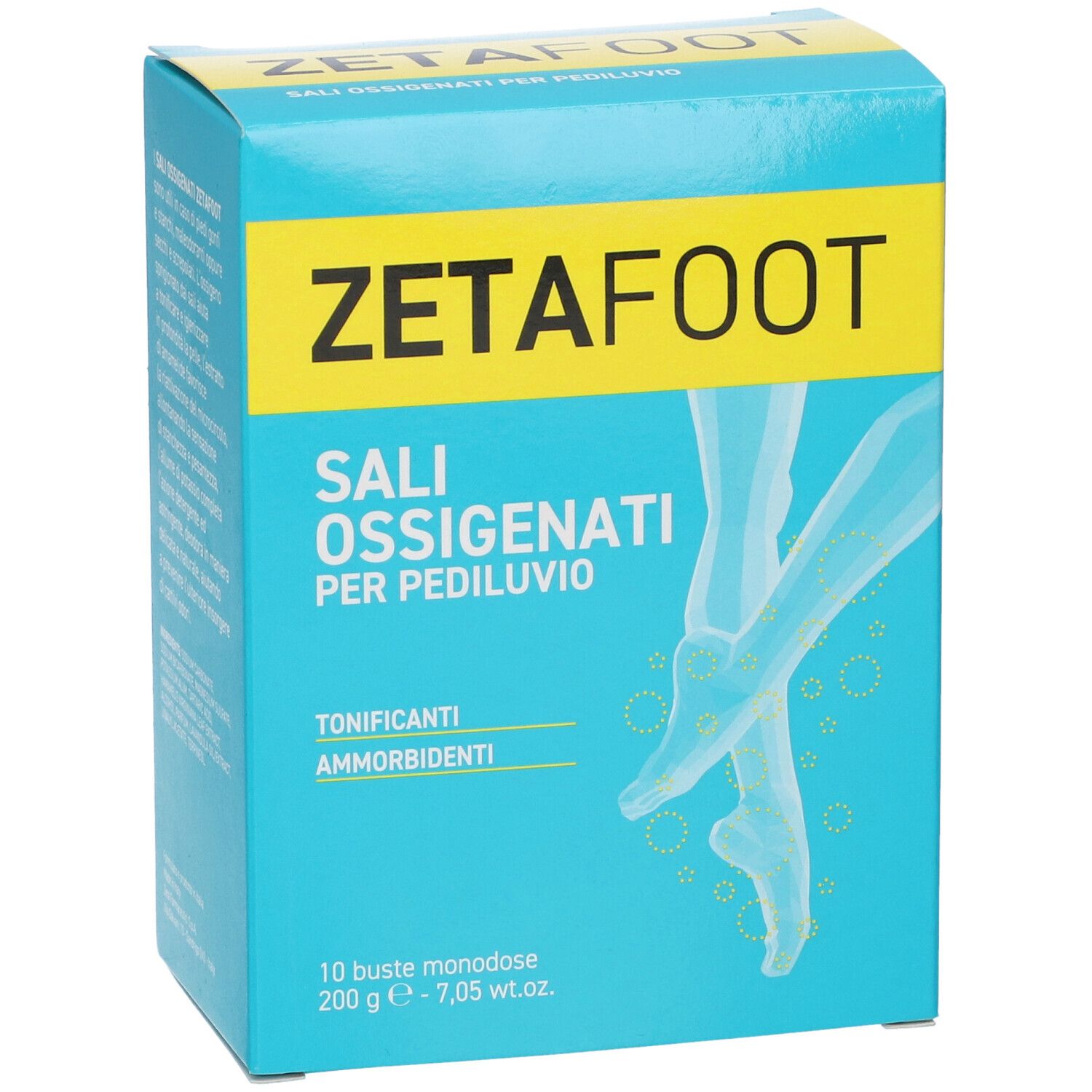 Türkisblaue Schachtel mit Produktnamen ZETAFOOT und Produktbezeichnung SALI OSSIGENATI PER PEDILUVIO. 10 Einzelbeutel.